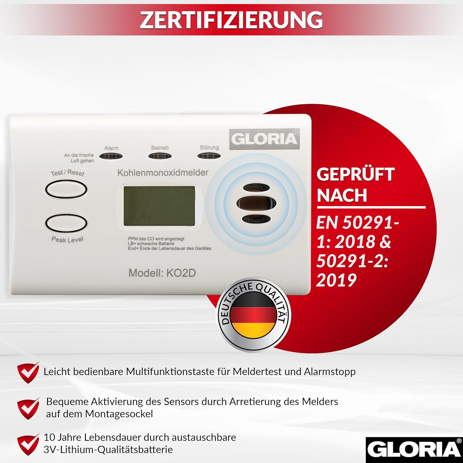GLORIA Kohlenmonoxidmelder KO2D mit 10 Jahren Garantie und austauschbaren AA-Batterien – Bild 4