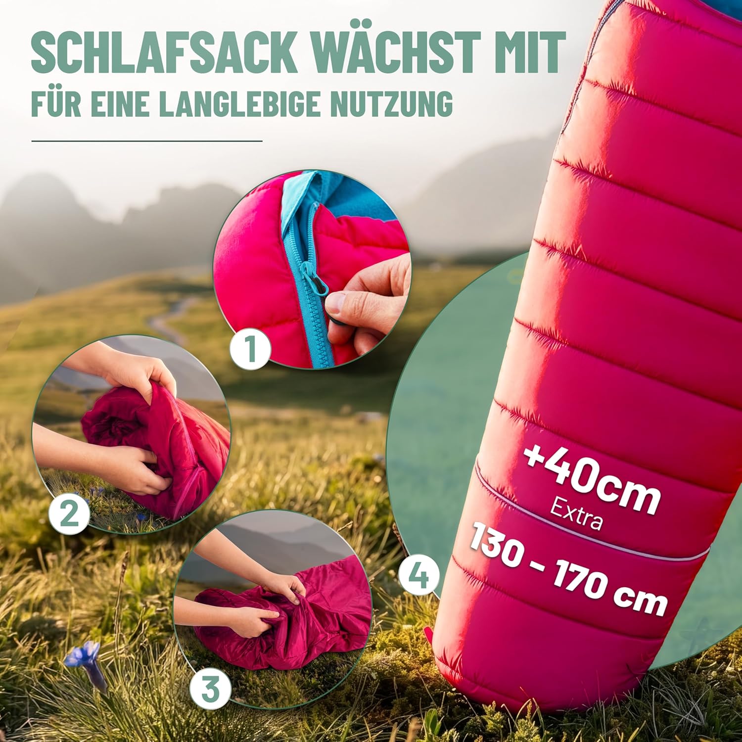 ALPENWERT® Kinder-Sommerschlafsack – wächst mit! (130-170 cm) – nur 920 g, kompakt (32 x 19 cm) – perfekt für Camping, Festival, Outdoor – Mumienschlafsack ab 6 Jahren – Bild 8