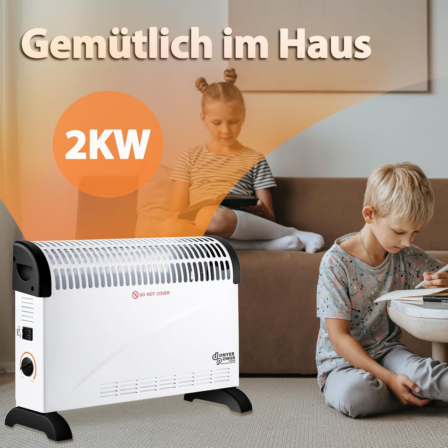Donyer Power 2KW Konvektor mit Thermostat – leise – Wandmontage | 3 Heizstufen (750 W/1250 W/2000 W) – Leiser Betrieb – Stand- und Wandmontage – sofort einsatzbereit – Bild 4