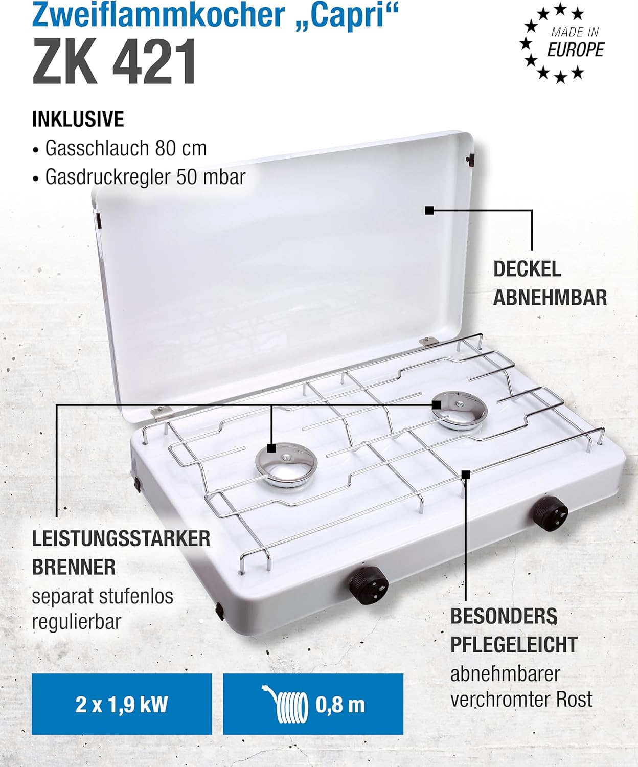Capri Zweiflammenkocher mit Druckregler + 80 cm Gasschlauch 1/4 Zoll lks. – Bild 2