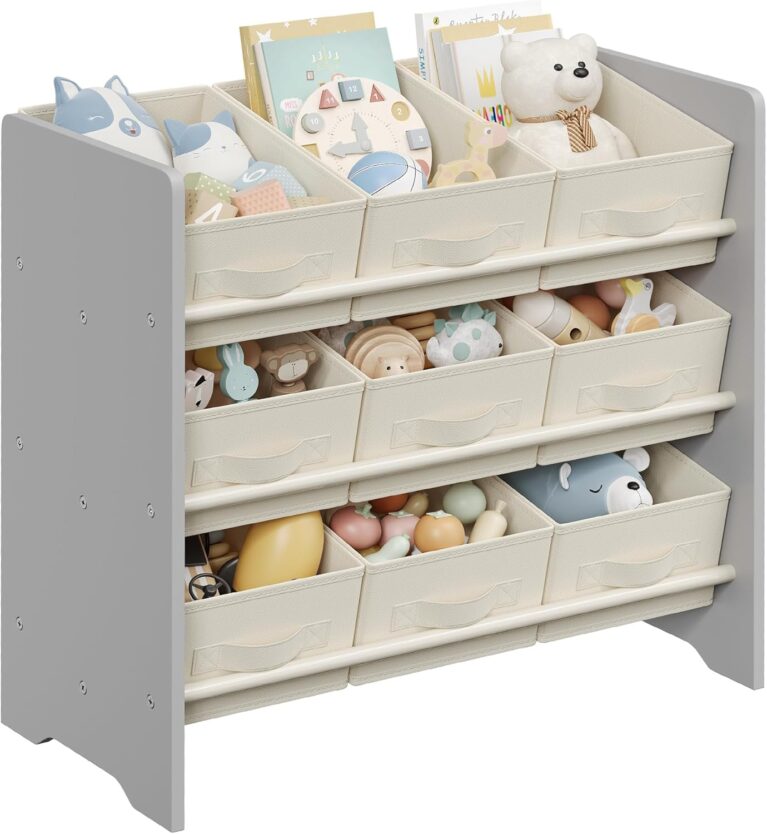 SONGMICS GKR033G10 Kinderregal, Spielzeugregal, Bücherregal, mit 9 Aufbewahrungsboxen aus Vliesstoff, geräumig, 29,5 x 62,5 x 60 cm, Taubengrau