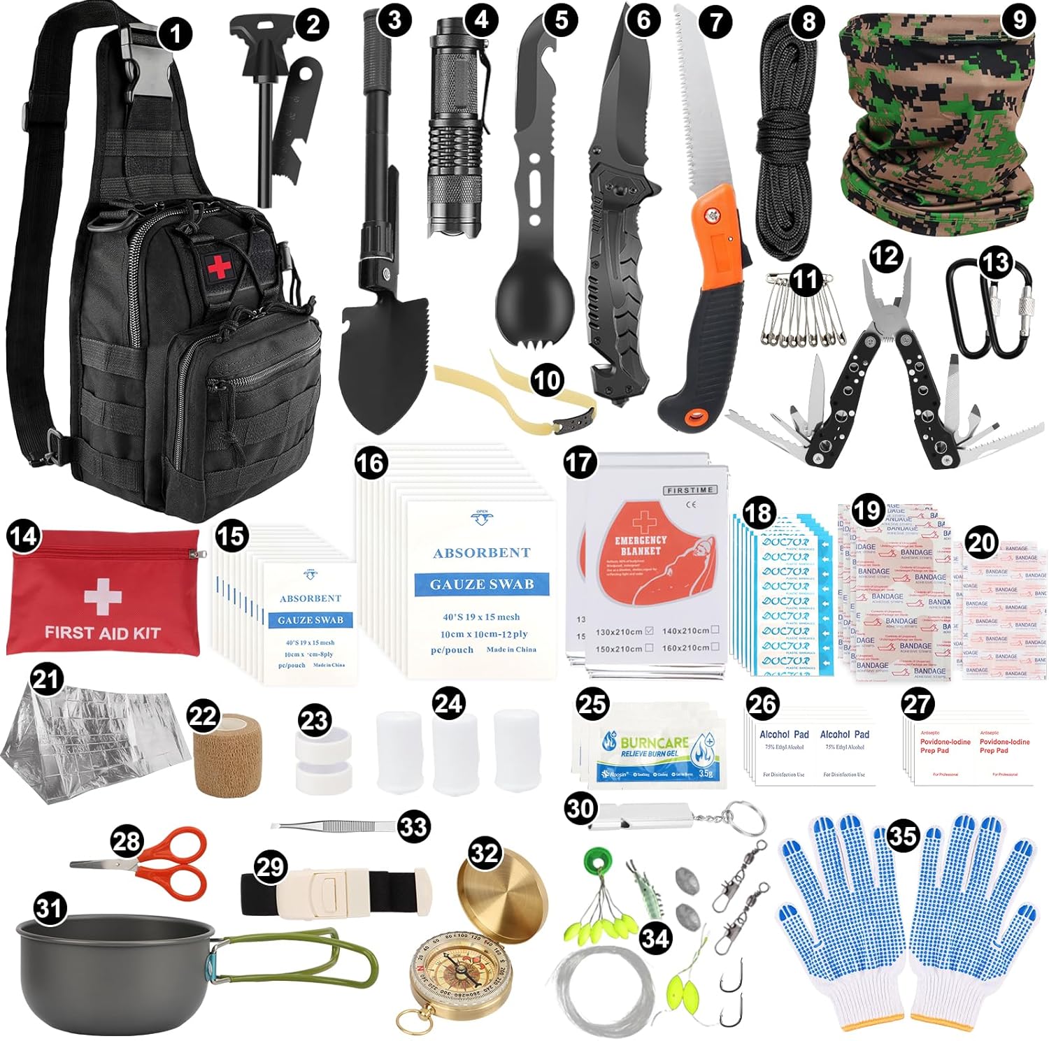Survival Kit 35 in 1, Professionelles Notfallset mit Campingzubehör, Premium Set Messer Outdoor-Ausrüstung, Survival-Ausrüstung für Camping, Bushcraft, Jagd, Abenteuer, Väter, Männer – Bild 3
