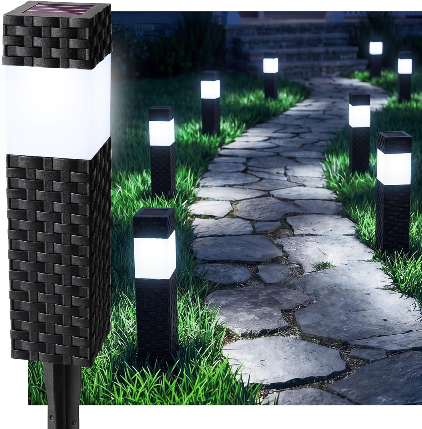 Joomer Solarleuchten für den Außenbereich, 8 Stück, Solarleuchten, Garten-Außenleuchte, wasserdicht, weiß, quadratische Wegbeleuchtung, Solar-Gartenleuchte, automatisches Ein-/Ausschalten für Terrasse, Rasen, Terrasse, Auffahrt, Gehweg