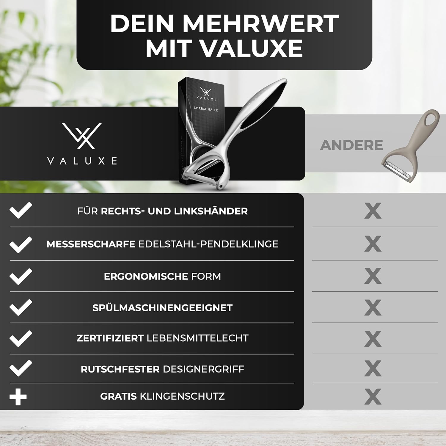 VALUXE Schäler mit scharfer Edelstahlklinge und rutschfestem Griff – professioneller Y-Schäler für präzises Schälen – Kartoffelschäler, Gemüseschäler, Spargelschäler, Universalschäler – Bild 5