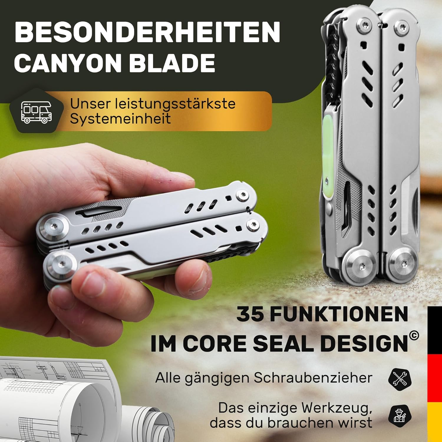 Multitool (Edelstahl 440C) Outdoor Camping Survival Multitool Werkzeugmesser, Survivalmesser, Taschenmesser, Multifunktionswerkzeug, Multitool, Multifunktionsmesser (Canyon Blade) – Bild 3