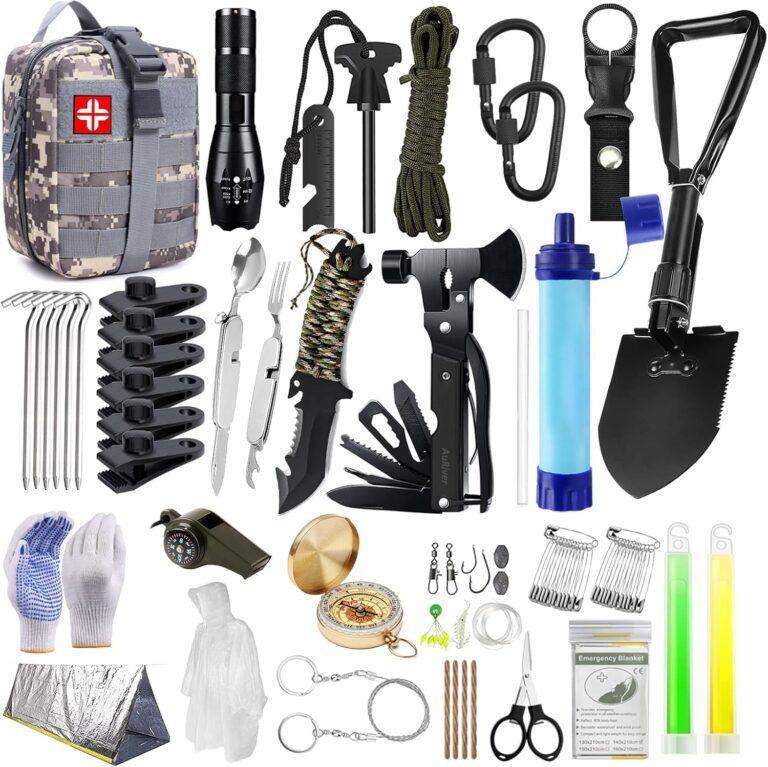 Outdoor-Notfall-Überlebensset mit Camping-Zubehör, Survival-Outdoor-Ausrüstung mit Jagdmesser, Multitool, Hammer, Axt, Wasserfilter, Outdoor, personalisierte Geschenke für Abenteuer, Wandern