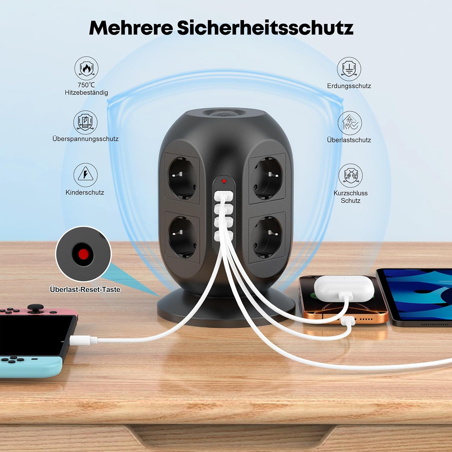 Steckdosenleiste mit USB und Überspannungsschutz (8-fach Mehrfachsteckdose mit Schalter, 2 m Kabel), Mehrfachsteckdosenwürfel für Haushalt und Büro – Bild 4