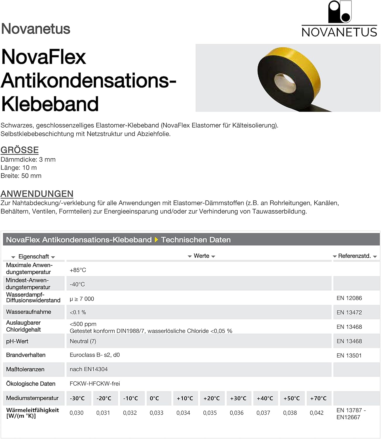 NovaFlex Gummi-Selbstklebeband 3 mm x 50 mm x 10 m, elastisches Band für Heizung, Lüftung und Klimaanlagen, Klebeband, Dichtungsband, Isolierung – Bild 2