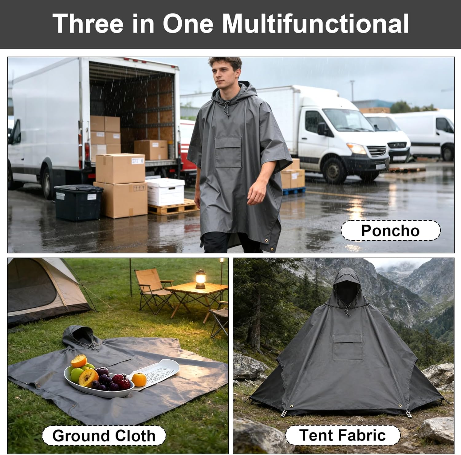 Wasserdichter Regenponcho für Damen und Herren, Mehrzweck-Regenjacke Outdoor mit Kapuze und Taschen, 3-in-1-Multifunktions-Regenmantel, Regenschutz, Regenponcho für Wandern und Camping – Bild 7