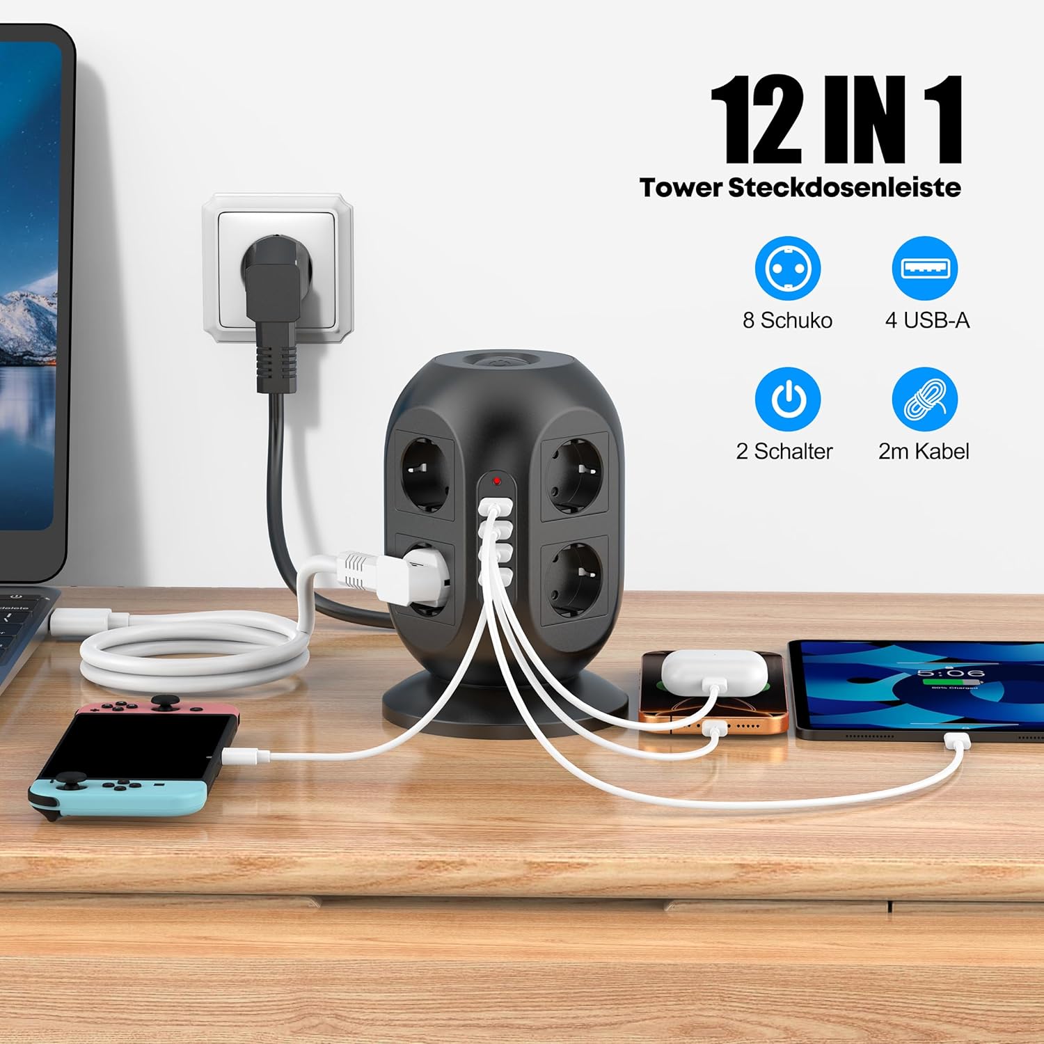 Steckdosenleiste mit USB und Überspannungsschutz (8-fach Mehrfachsteckdose mit Schalter, 2 m Kabel), Mehrfachsteckdosenwürfel für Haushalt und Büro – Bild 2