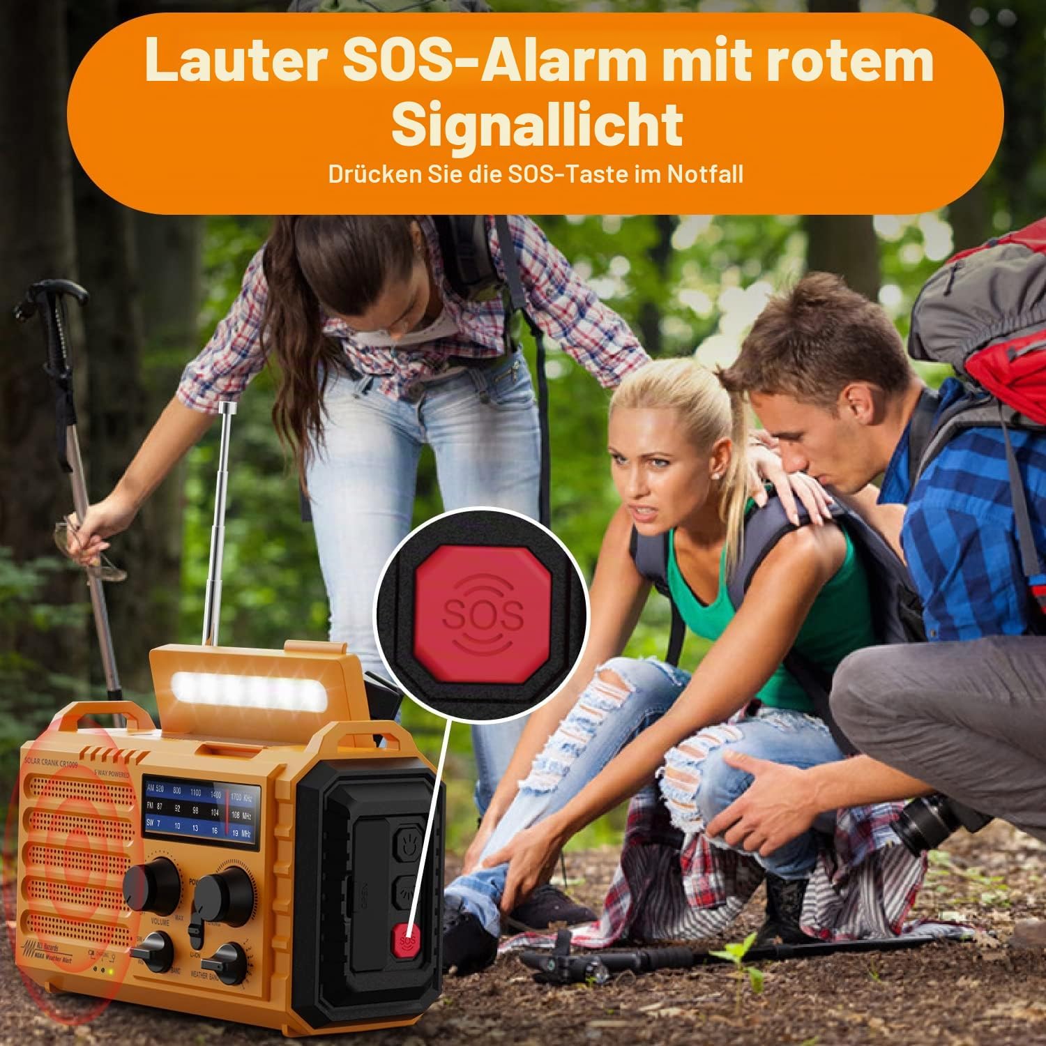 Tragbares Solarradio, Notfallradio mit Kurbel, Dynamo-Wetter-AM/FM/SW-Radio, wiederaufladbare 5000-mAh-Powerbank, USB-Telefonladegerät, LED-Taschenlampe und Leselampe, SOS-Alarm, Kompass für Camping im Freien – Bild 6