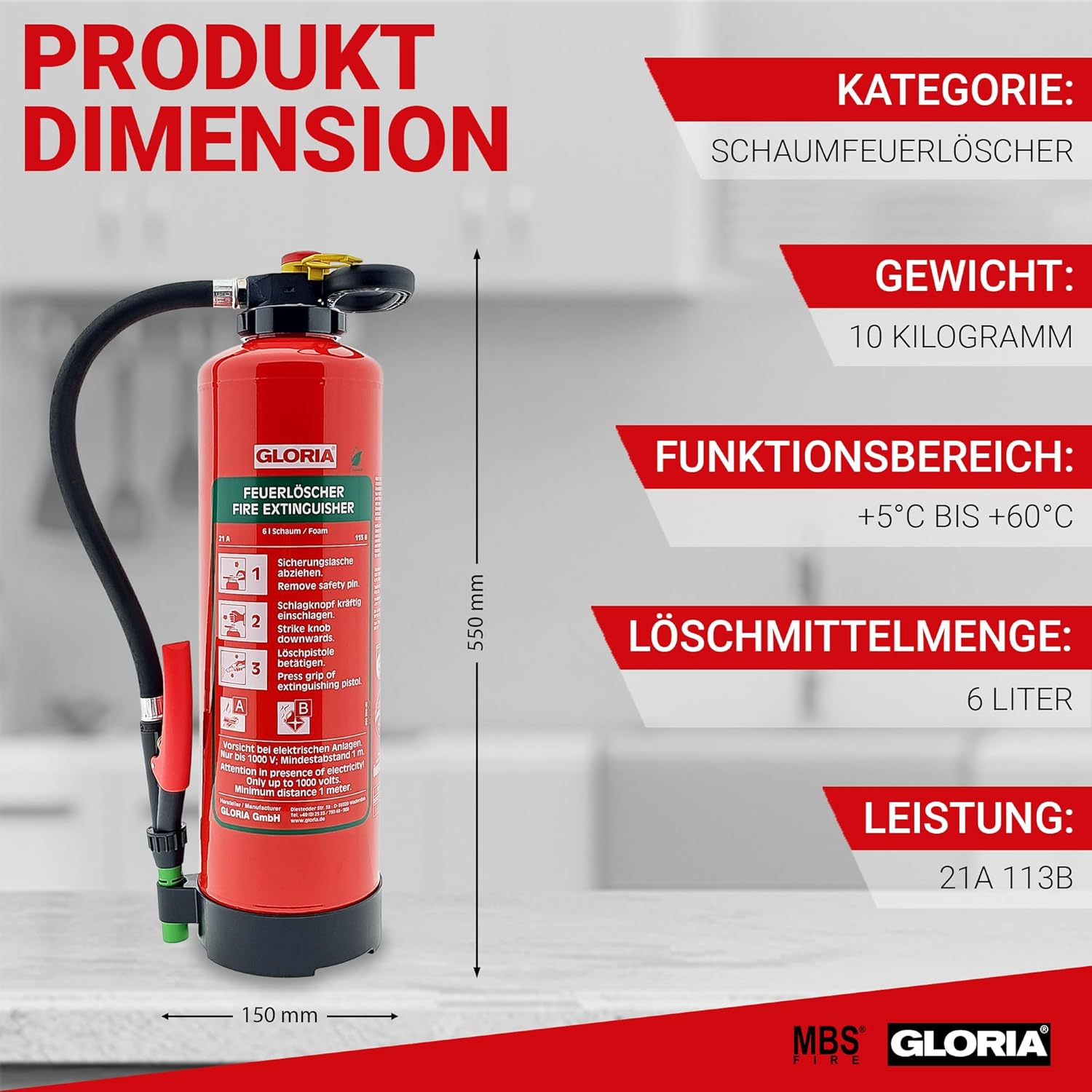 Gloria - SKE 6 PRO - Schaum-Feuerlöscher - Fluorfrei - 6 Liter - Für Brandklassen A, B - Inklusive Wandhalterung - Inklusive Prüfplakette – Bild 3
