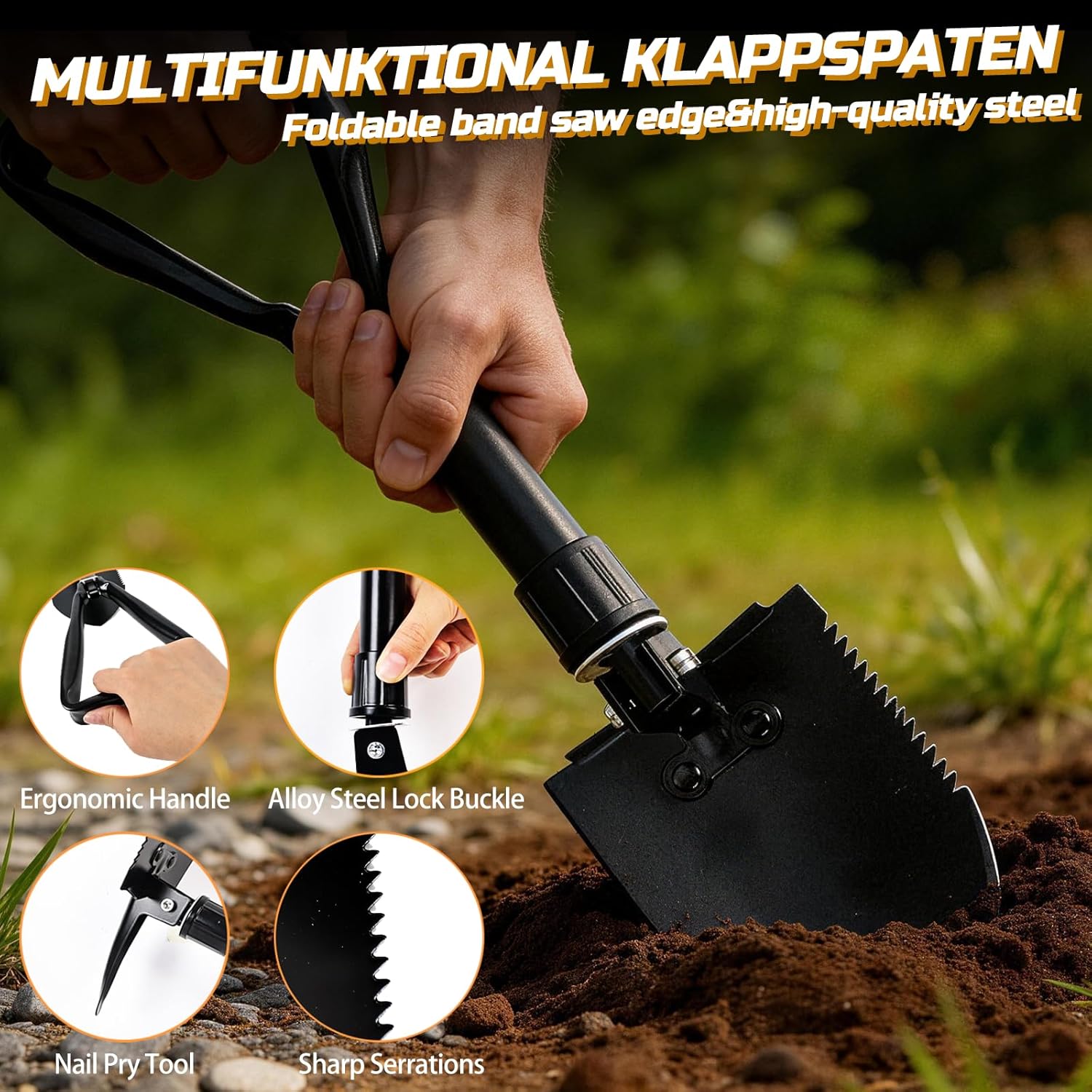 6-in-1 Outdoor-Axt-Überlebensset, Überlebensmesser & Outdoor-Werkzeug-Set, Überlebensausrüstung mit Klappsäge, Klappschaufel, Feuerstahl, Geschenke für Männer, Camping, Abenteuer, Wandern im Freien – Bild 4
