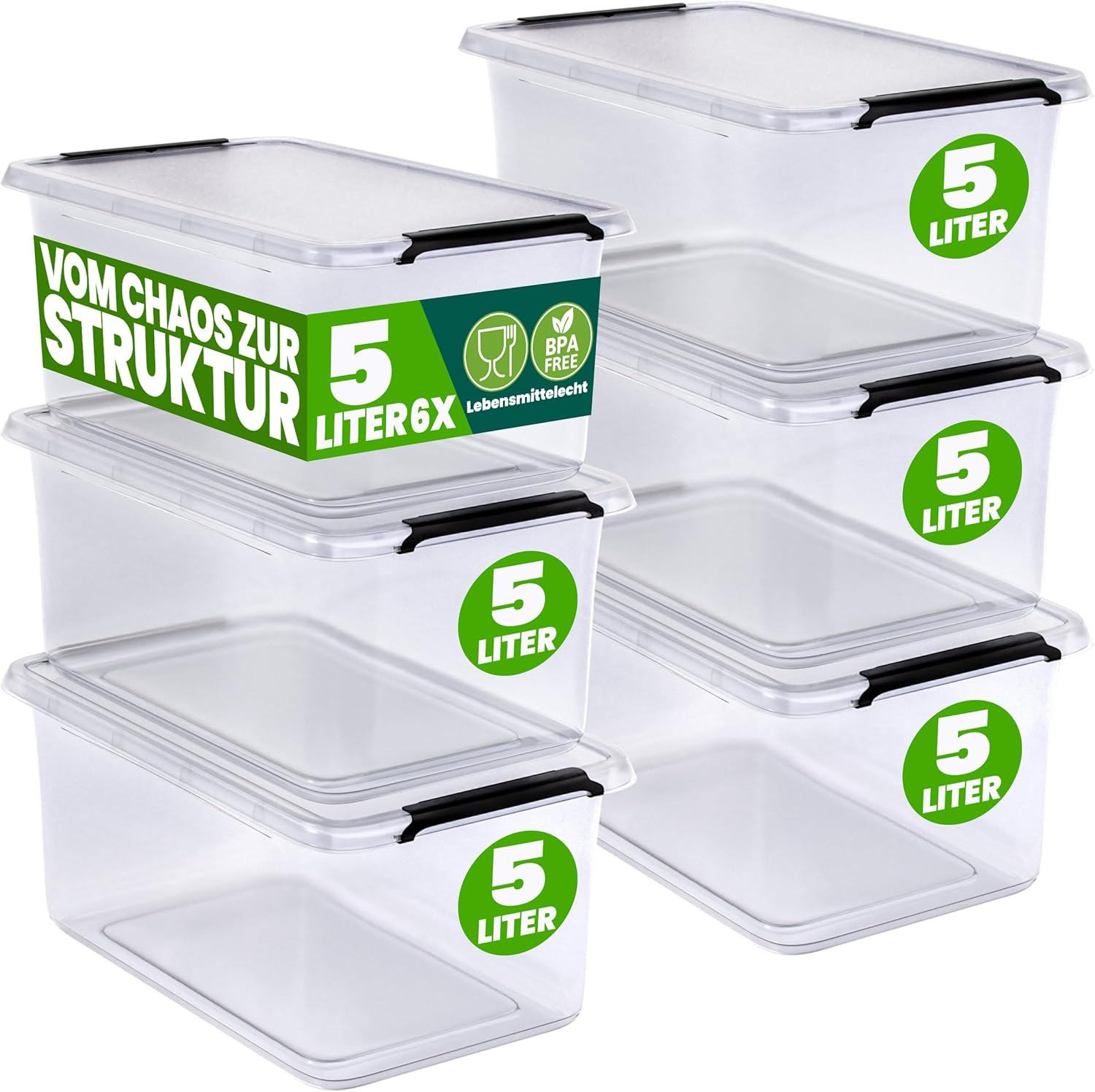 Deuba 6 x Aufbewahrungsbox mit Deckel, 5 L Box, Kunststoffboxen, lebensmittelecht, BPA-frei, klein, Klickverschluss, transparent, stapelbar, Küche, Schlafzimmer
