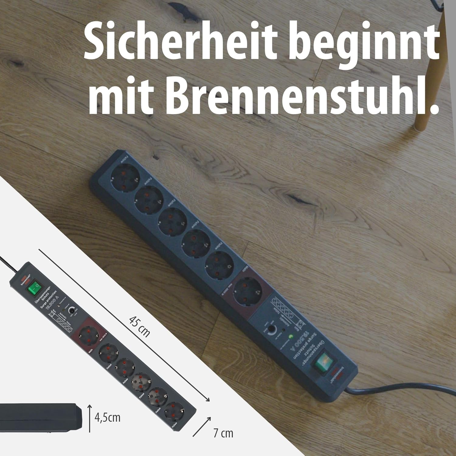 Brennenstuhl Secure-Tec Steckdosenleiste mit Überspannungsschutz und Master/Slave-Funktion (3 m Kabel und Schalter) Farbe: Anthrazit, Grau, 1159490966 | Hauptfolgefunktion, Mehrfachsteckdose mit Schalter und 3 m Kabel, anthrazit – Bild 6