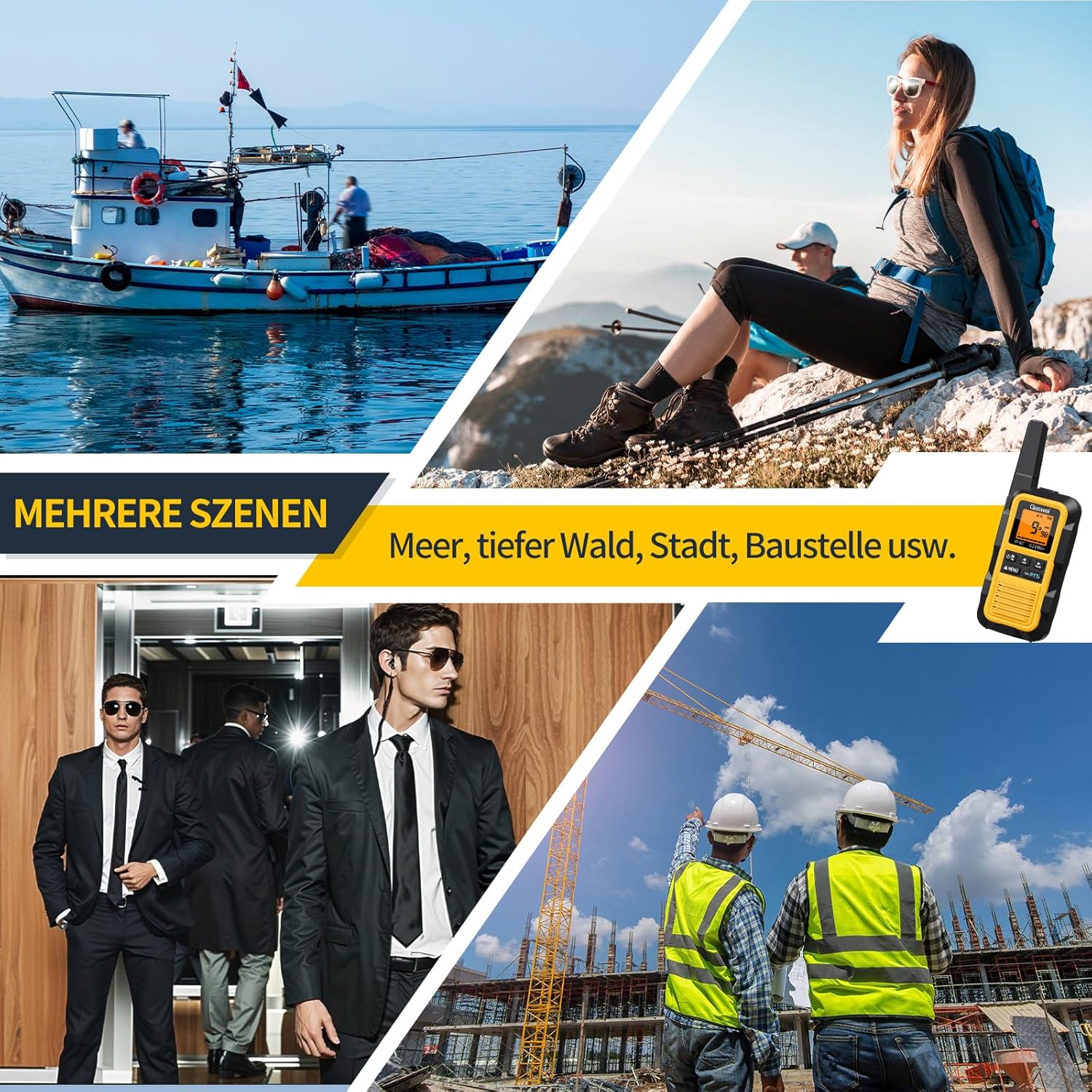 Gaswei G2Pro Professionelle Walkie-Talkies für Erwachsene, IP67, wasserdicht und schwimmfähig, Langstreckenradio mit Doppel-PTT, VOX, SOS, UKW-Radio + Akku für den Außenbereich, 1er-Set in Gelb – Bild 8