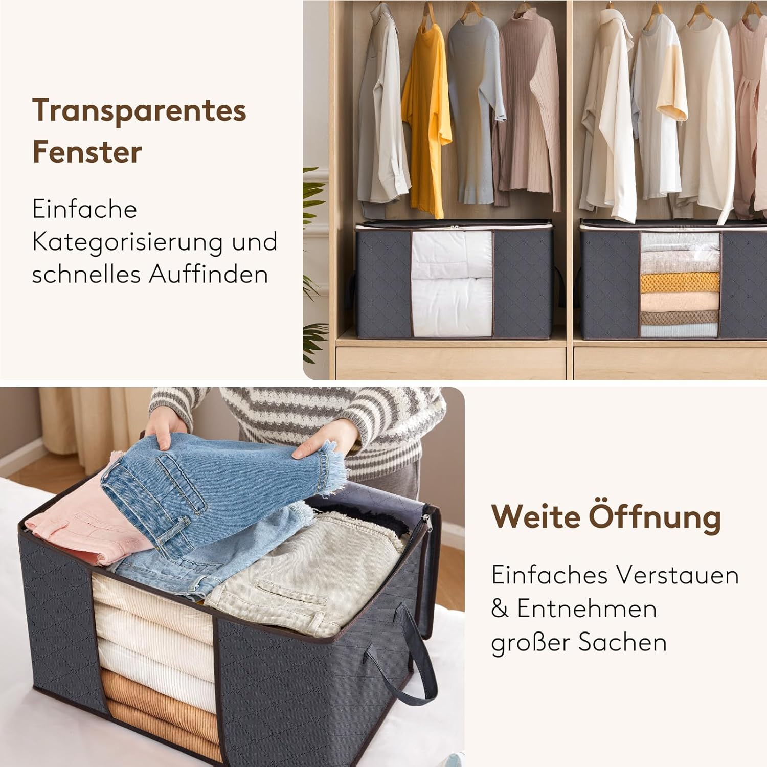 Lifewit 4 Stück Aufbewahrungstaschen, Aufbewahrungsboxen mit Deckel, Kleiderschrank-Organizer, faltbare Kleideraufbewahrung, Umzugskartons mit verstärktem Griff für Bettdecken, Kleidung, Decken, Grau, 60 l – Bild 6