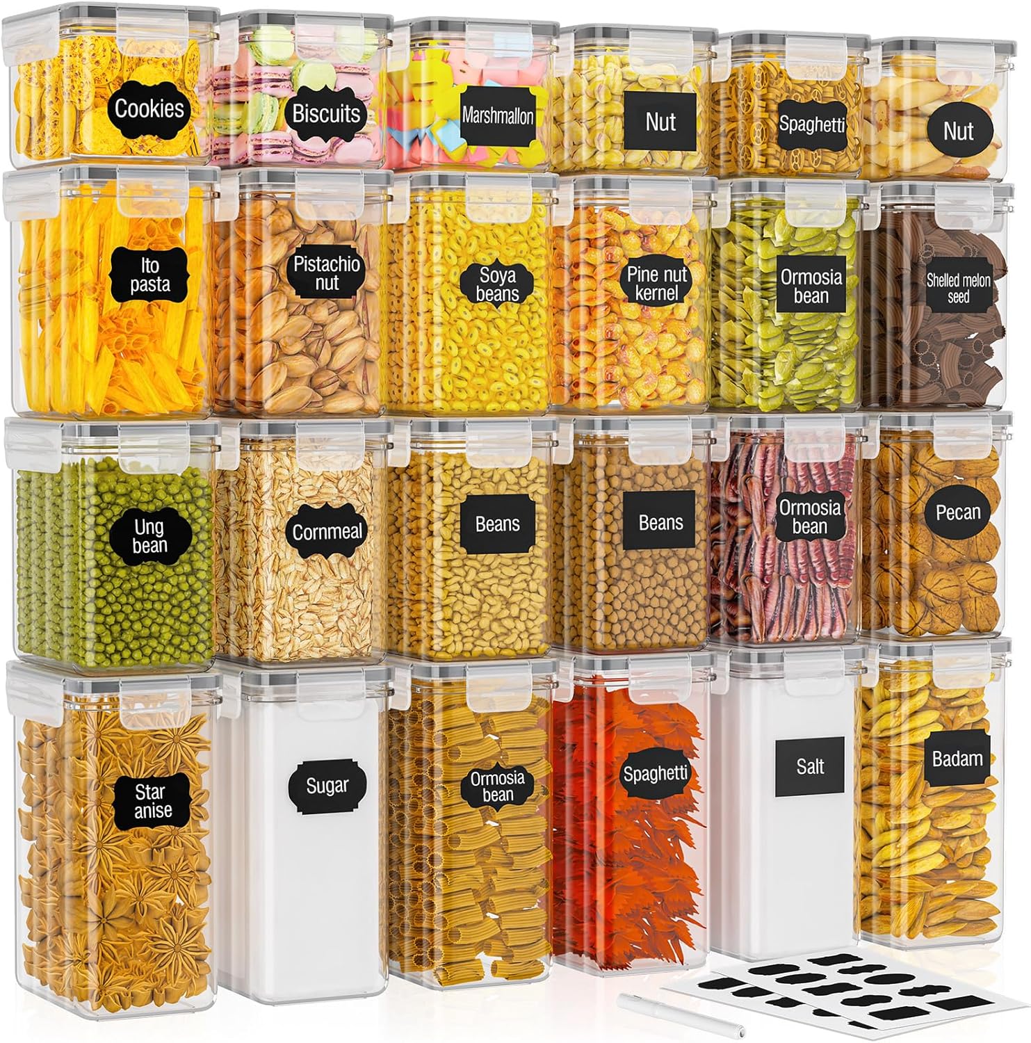 PurKeep Packung mit 24 luftdichten Vorratsgläsern mit Deckel, BPA-frei, Küchen-Aufbewahrungsbehälter für Mehl, Zucker, Getreide und Backzubehör, 33,6 l groß