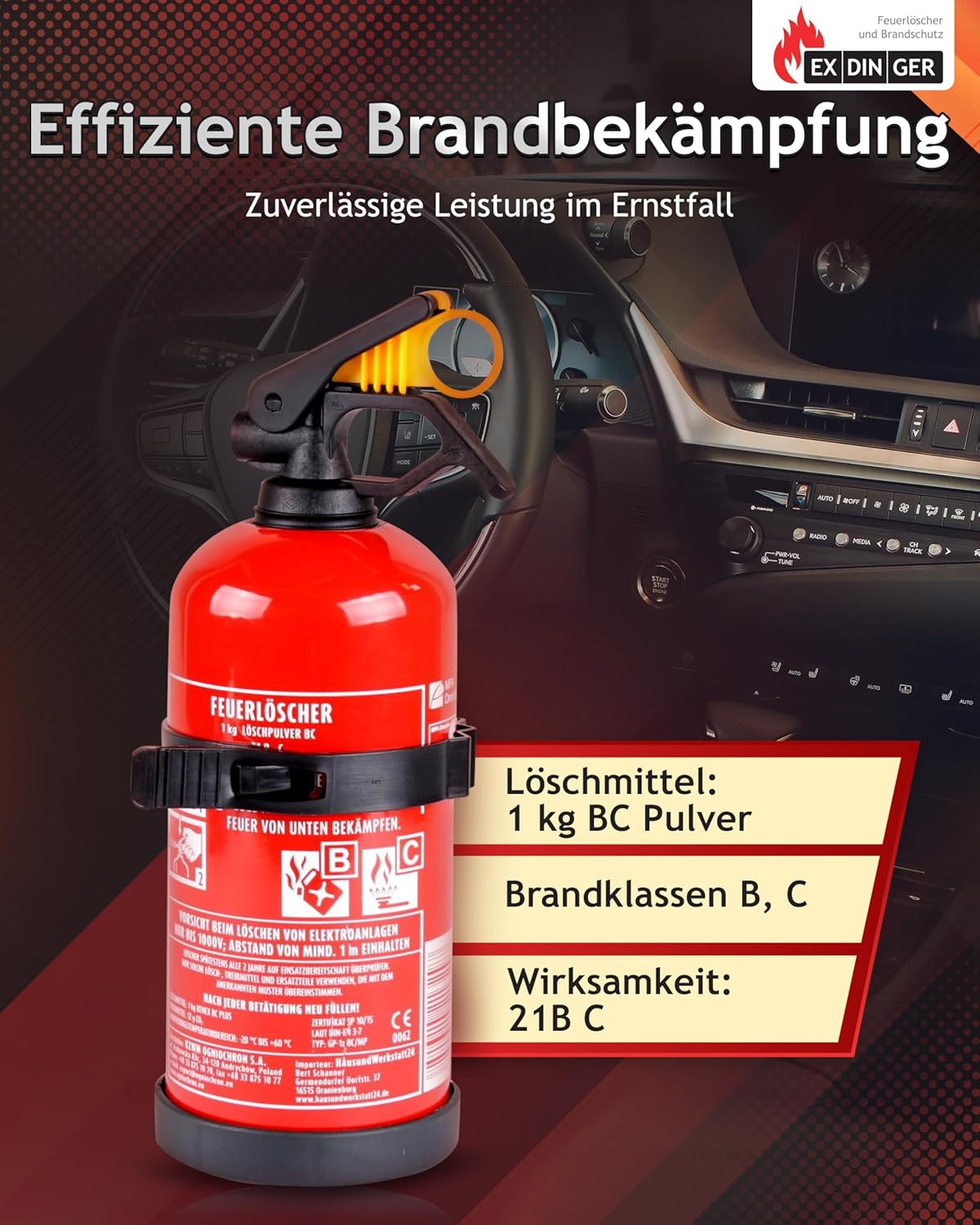 EXDINGER BC Pulver Auto Feuerlöscher 1 kg (Ladelöscher GP-1Z BC Halter Sicherheitskeil) – Bild 4