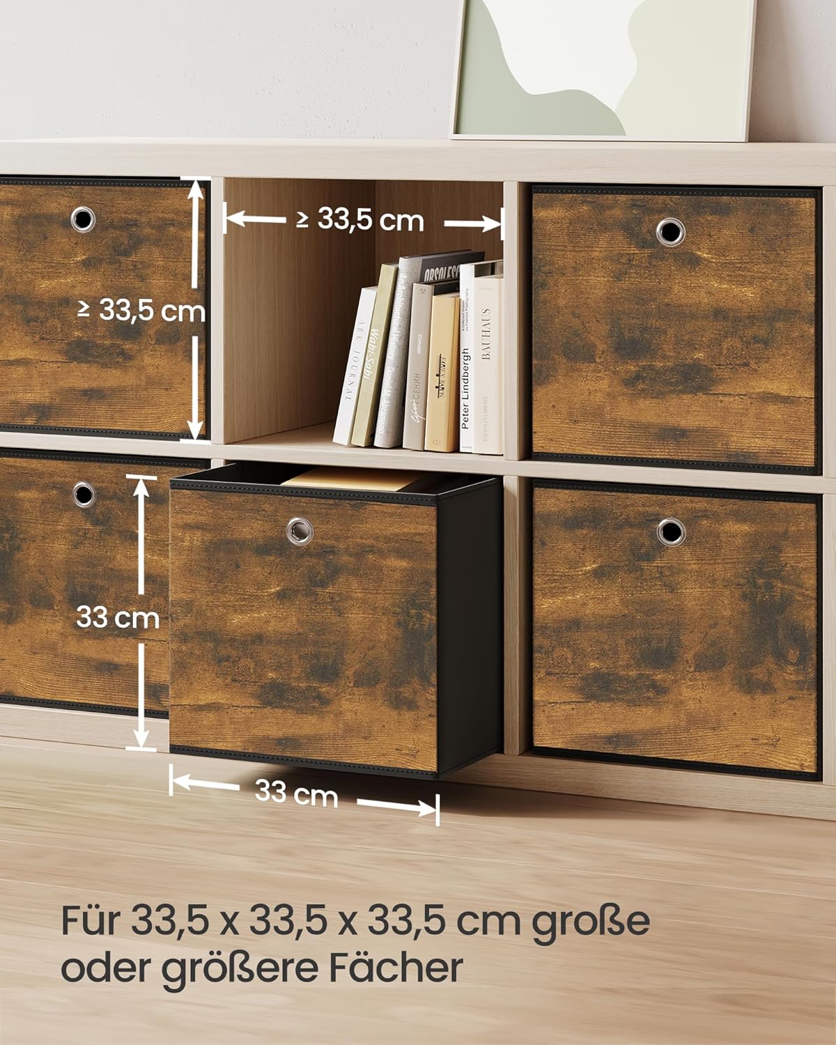 SONGMICS Aufbewahrungsboxen, 6er-Set, Oxford-Stoff, Faltbox, 33 x 33 x 33 cm, Stoffbox, für Würfelregal, Organizer für Kleidung, Vintage Braun/Schwarz, RFB133B01 | Fit Cube faltbare Aufbewahrungseinheit, 33 x 33 x 33 cm, Rustikales Braun und Schwarz, RFB133B01 – Bild 3