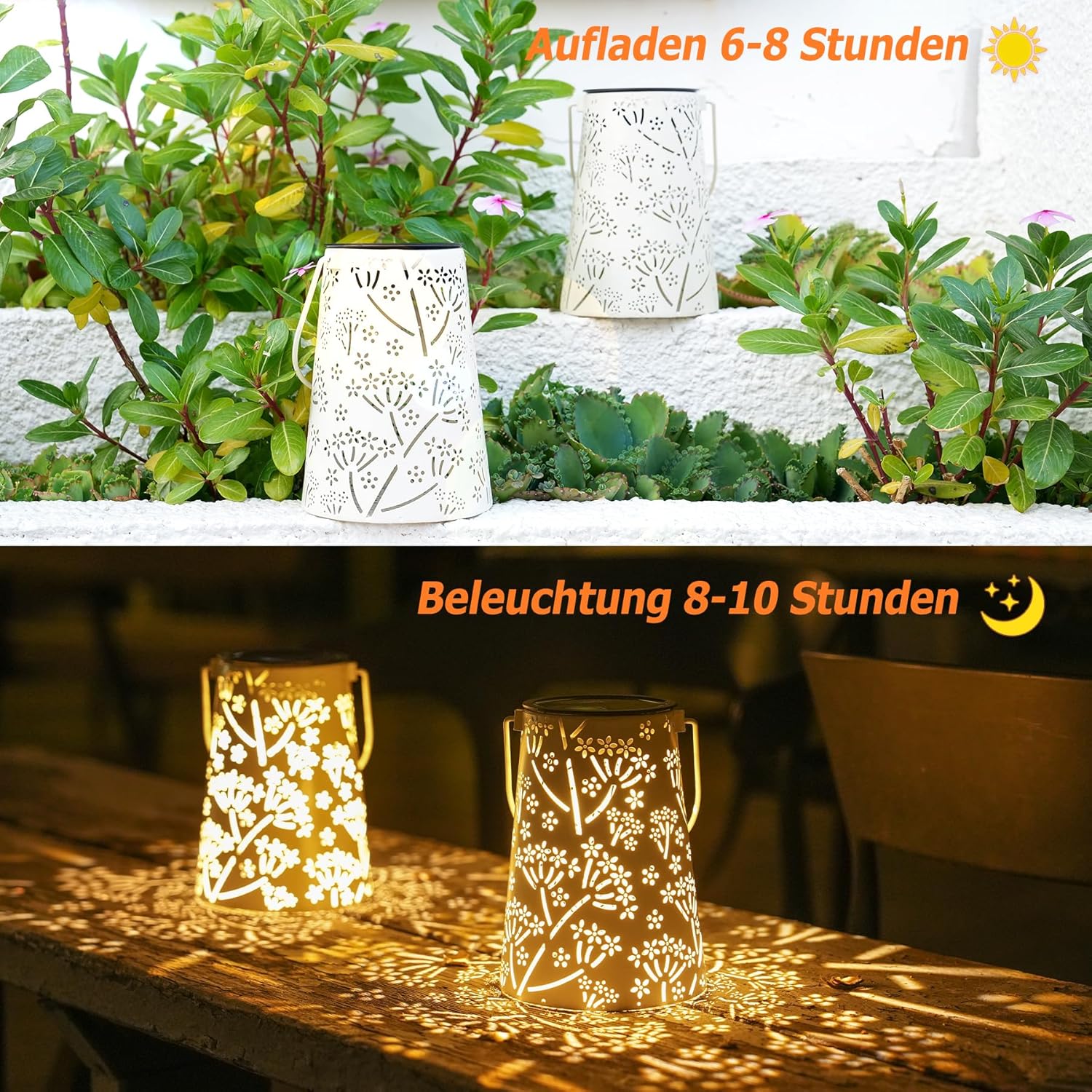 Geschenke für Frauen, JOYCREATOR Solarlaternen für den Außenbereich, 2 Stück, LED-Solarlaterne für den Außenbereich, IP65 Metall hängend/stehend, Outdoor-Solarleuchten für draußen, Garten, Dekoration, Hof, Terrasse, Weg, Balkon (weiß) – Bild 2
