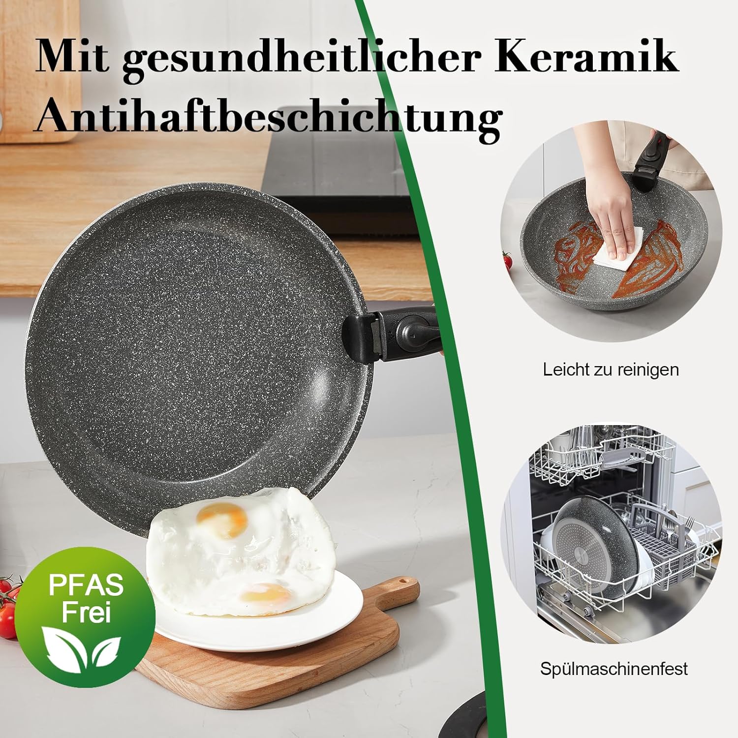 16-teiliges Kochgeschirr-Set für Induktionsherde, Töpfe und Pfannen mit abnehmbaren Griffen, stapelbar, antihaftbeschichtete Keramik, antihaftbeschichtet, PFAS, mit Crêpes- und Schmorpfanne, grau – Bild 4