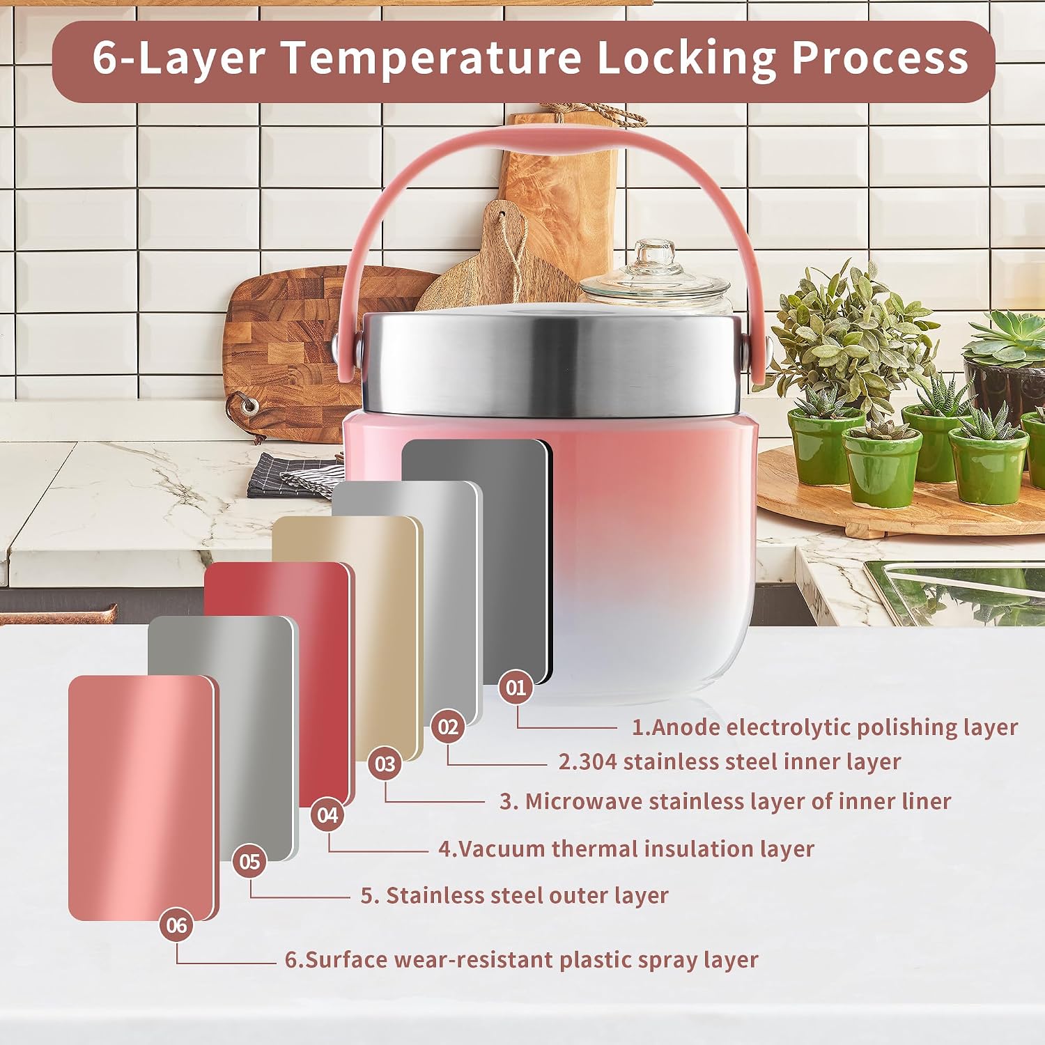 Thermo-Lebensmittelbehälter 1200 ml Fassungsvermögen Warmhaltebehälter Lebensmittel Thermoschüssel mit Deckel, Thermo-Lunchbox zur Aufbewahrung von Mittagessen, Suppen, Brei (Rosa) – Bild 5