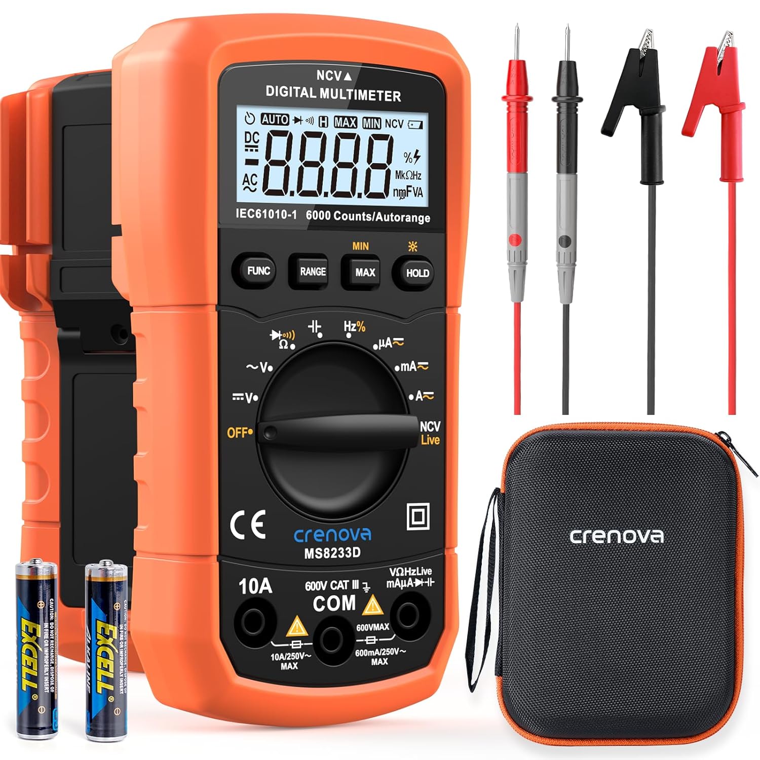 Crenova MS8233D Digital-Multimeter, Spannungsprüfer, Strommessgerät, Voltmeter, Messgerätetester, NCV mit 6000 Count LCD-Display, Hintergrundbeleuchtung