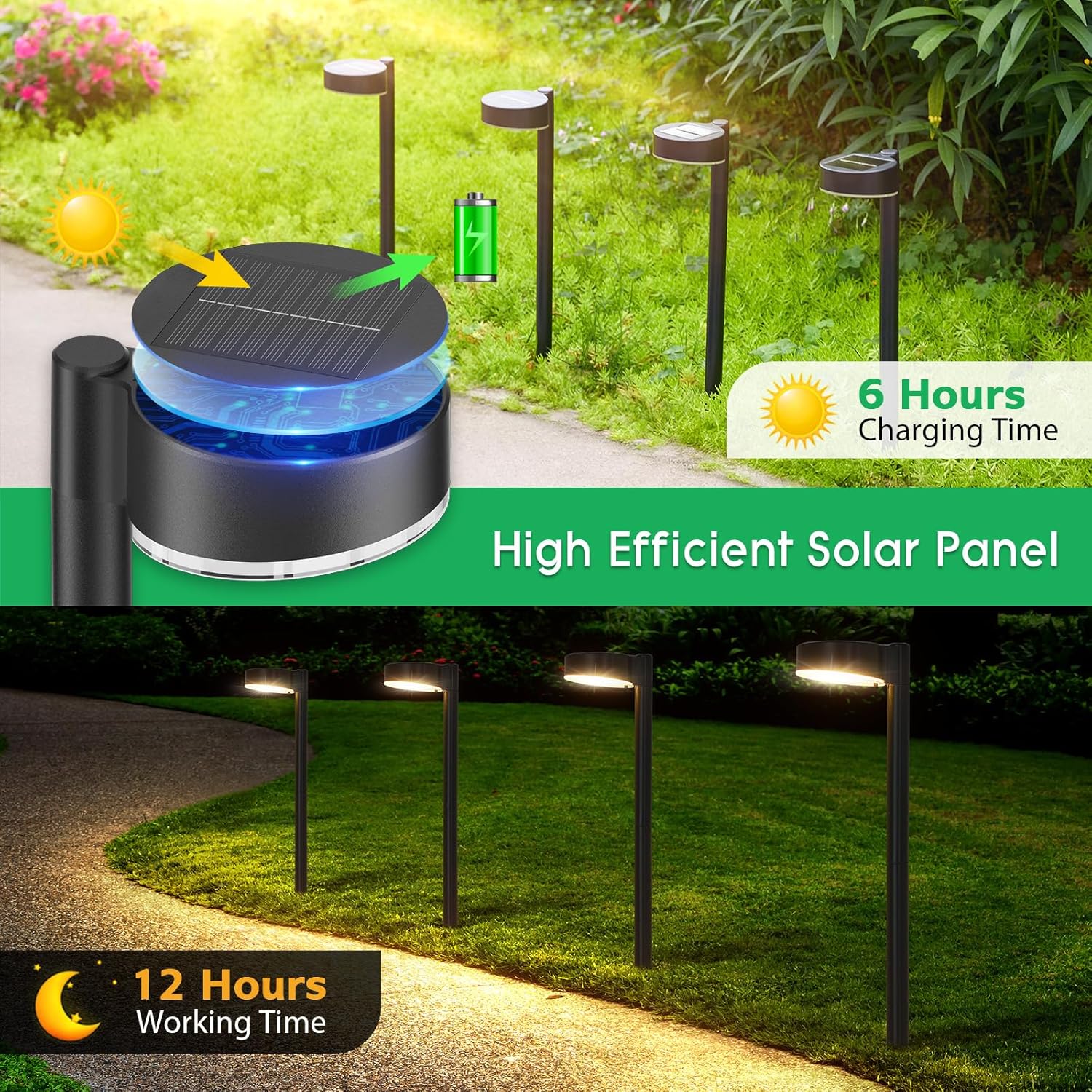 BUCASA Solarleuchten für den Garten im Freien, 6 Stück, helle Solarleuchten für den Außenbereich mit 3000 K warmweißen LED, IP65 wasserdichte Solar-Gartenleuchten, Dekoration für Rasen, Terrasse, Hof, Balkon, Außenbereich – Bild 3