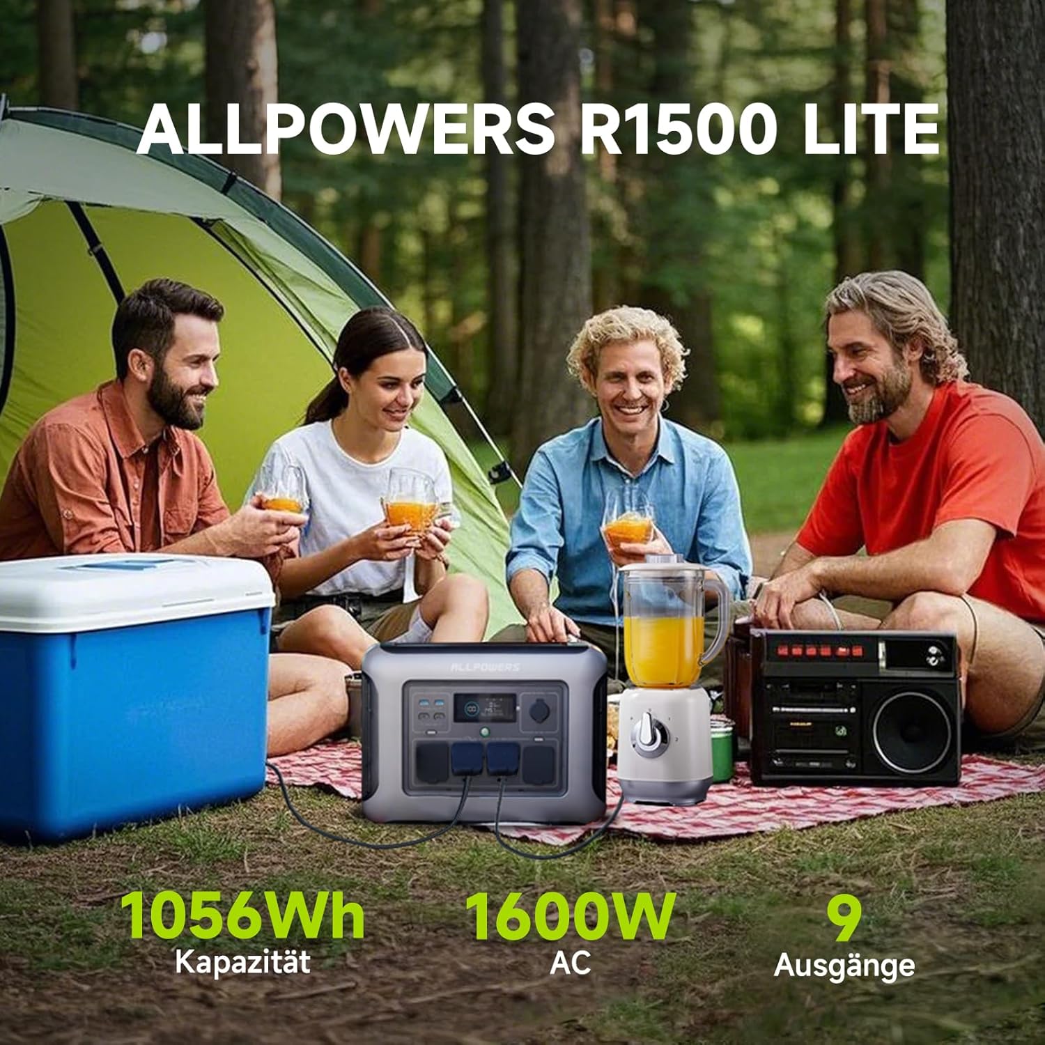 ALLPOWERS R1500 Lite Kraftwerk mit Solarpanel 200 W, 1056 Wh LiFePO4-Akku, volle Ladung in 1 Stunde, 1600 W (3200 W Peak) Solargenerator, 15 ms USV für Notstromversorgung, Stromausfälle, Camping – Bild 2