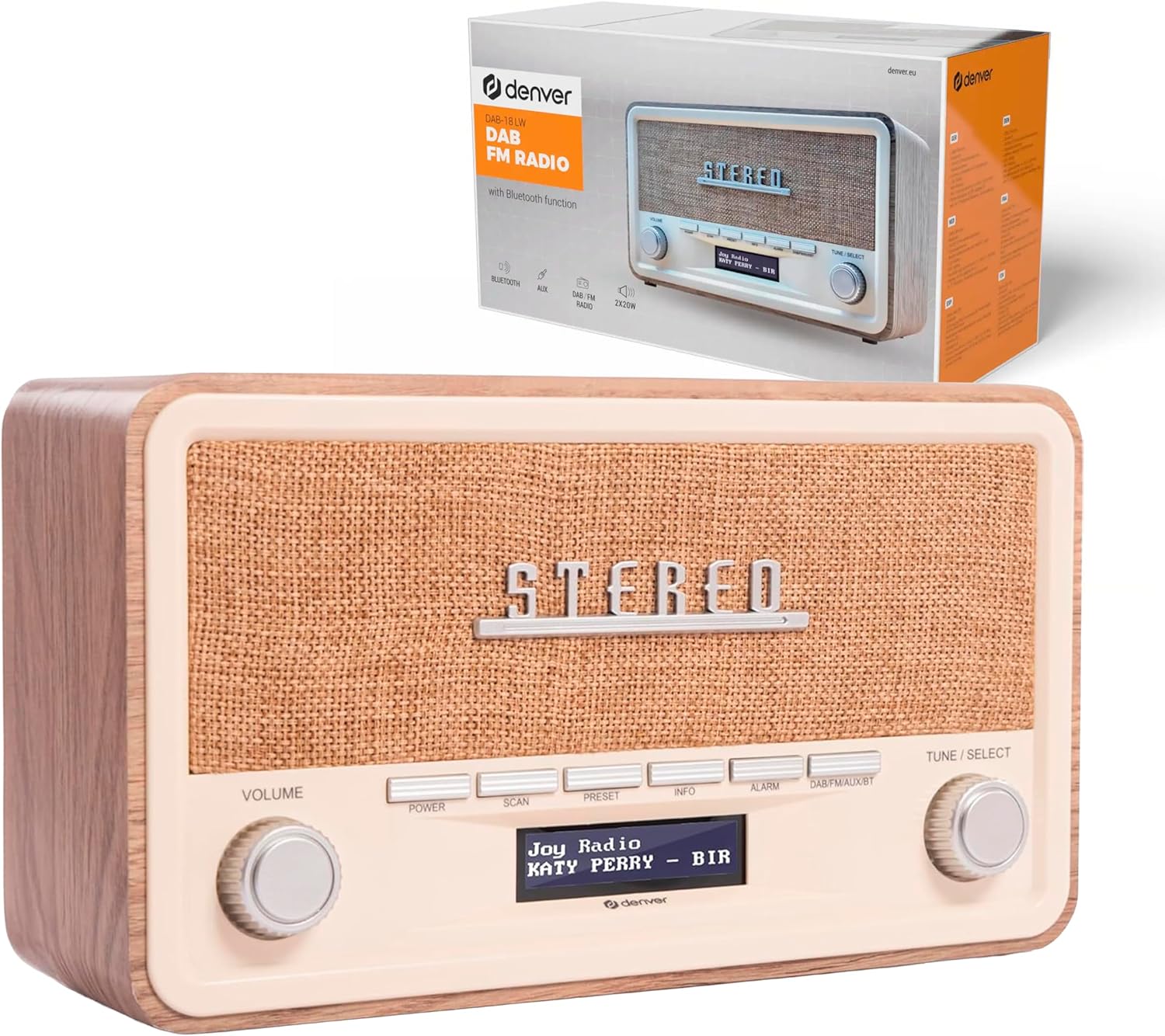 Denver Retro DAB-18 Digitalradio | DAB Plus-Radio mit Bluetooth und UKW | 2 x 20 W Stereolautsprecher | Kleines Radio mit Netzstecker | Küchenradio DAB mit gutem Klang | LCD-Anzeige und Alarmfunktion | DAB Plus & FM & Bluetooth, 2 x 20 W Stereolautsprecher, LCD-Display, Alarmfunktion, Netzstecker