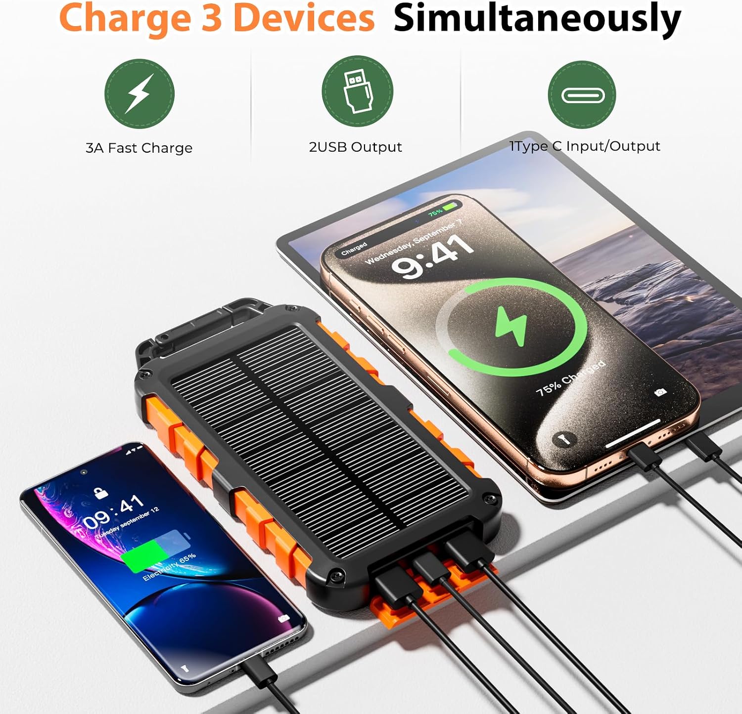 Solar Powerbank 26800 mAh, PD22,5 W Tragbares Solar-Ladegerät USB C Externer Akku Outdoor Wasserdichts mit LED-Licht und 3 Ausgängen für Smartphones Tablets Camping – Bild 2