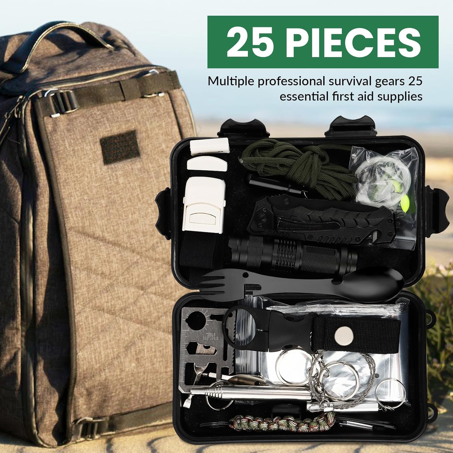 Survival Kit 25 in 1, Professionelles Notfallset Outdoor Home, Premium Set Messer Outdoor-Ausrüstung, Survival-Ausrüstung für Camping, Bushcraft, Wandern, Jagd, Abenteuer, Väter, Männer – Bild 7