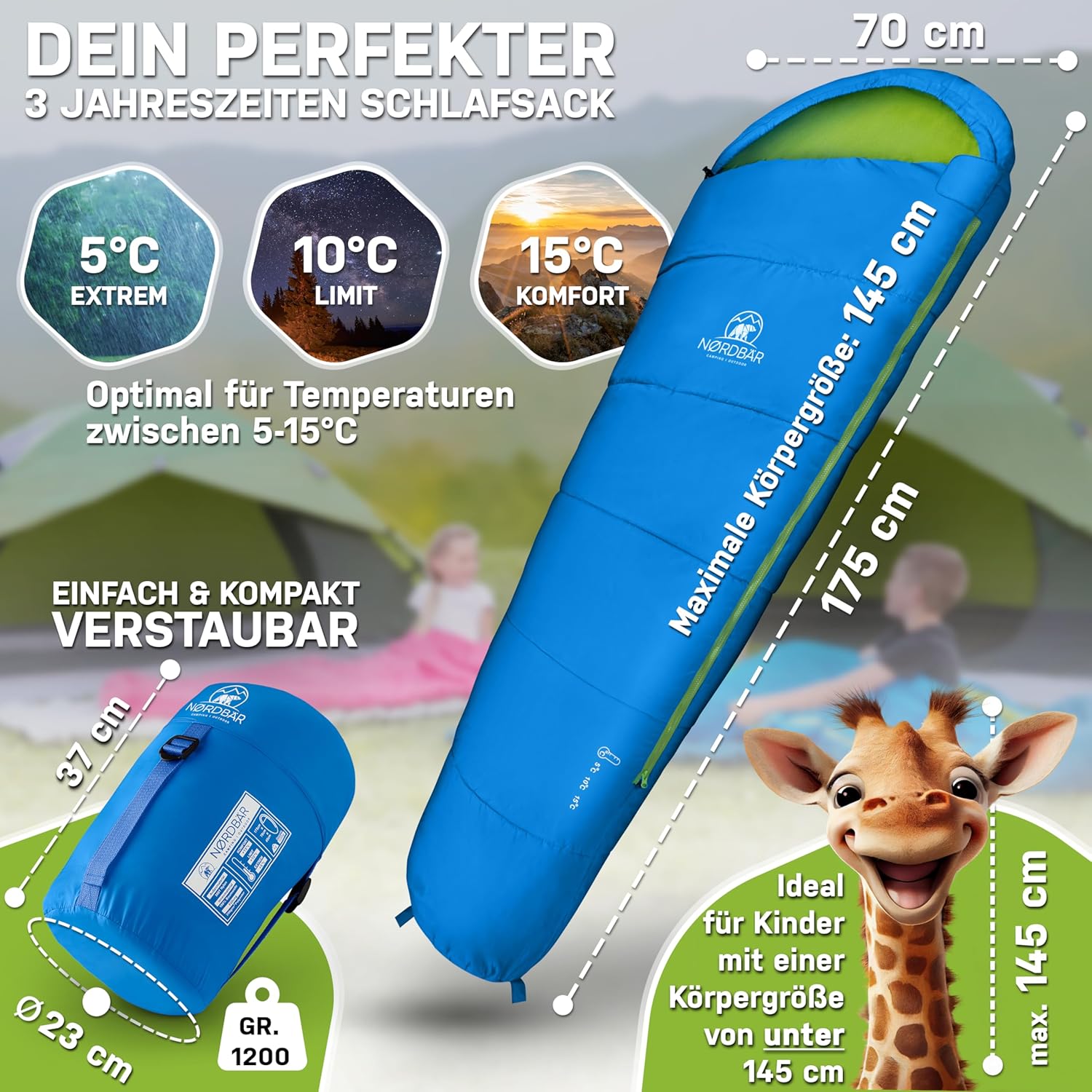 NORDBÄR® Kinderschlafsack für Jungen und Mädchen (175 x 70 x 45 cm) | Innenfutter aus 100 % Baumwolle | Mumienschlafsack leicht und warm | Outdoor-Schlafsack für Kinder (1200 g) | Camping – Bild 2