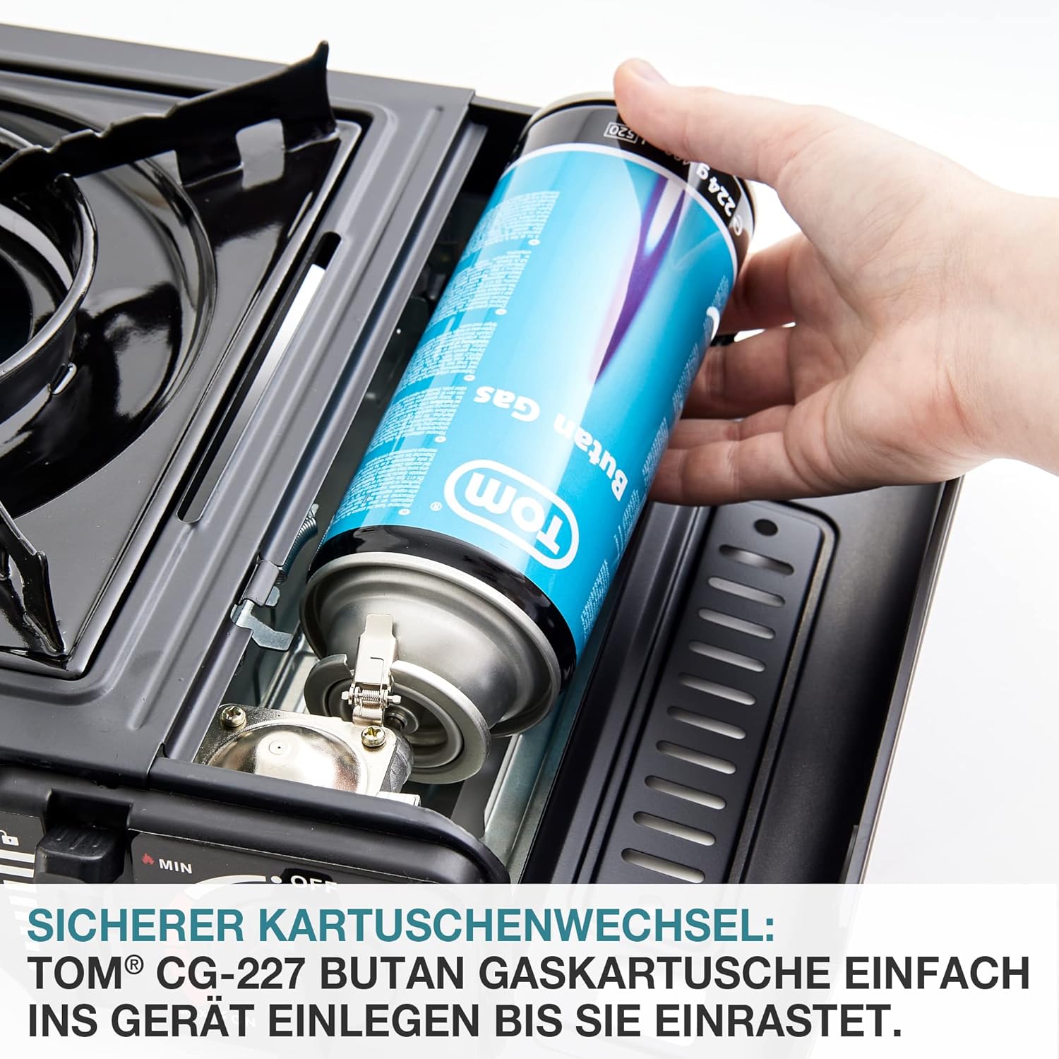 TOM 8 x 12 x oder 28 x Butangaskartuschen 227 mit MSF-1A Bajonettventil – Die Butangaskartuschen sind ideal für Campingkocher, Gaslampe usw. oder für Unkrautbrenner, Flächenbrenner – Bild 5