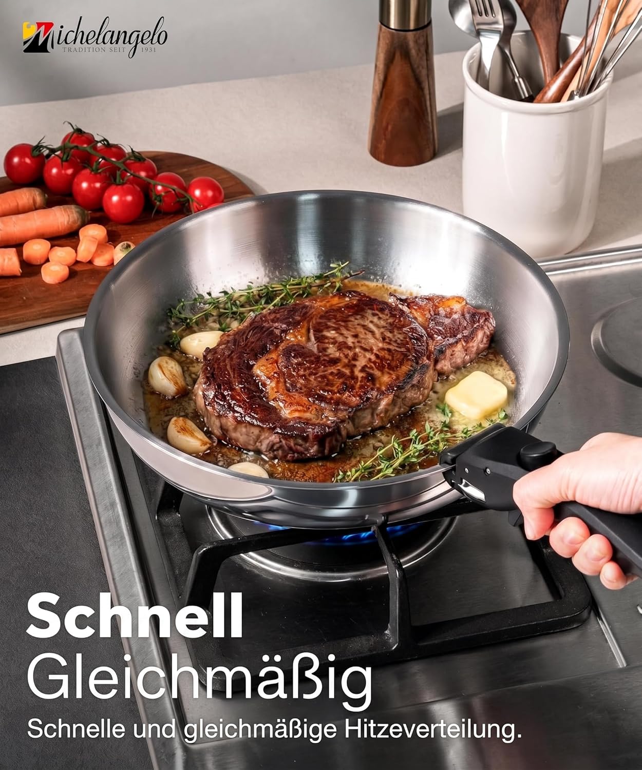 Michelangelo 14-teiliges Induktionstopf-Set, Edelstahl, abnehmbare Griffe | Stapelbares Kochgeschirrset, durchgehend 3-lagig, platzsparend für Camping und Wohnmobil, Topf- und Pfannenset – Bild 2