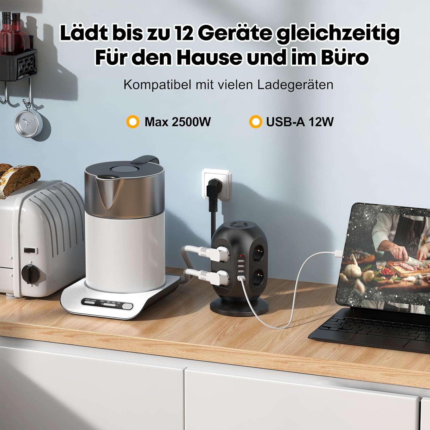 Steckdosenleiste mit USB und Überspannungsschutz (8-fach Mehrfachsteckdose mit Schalter, 2 m Kabel), Mehrfachsteckdosenwürfel für Haushalt und Büro – Bild 5