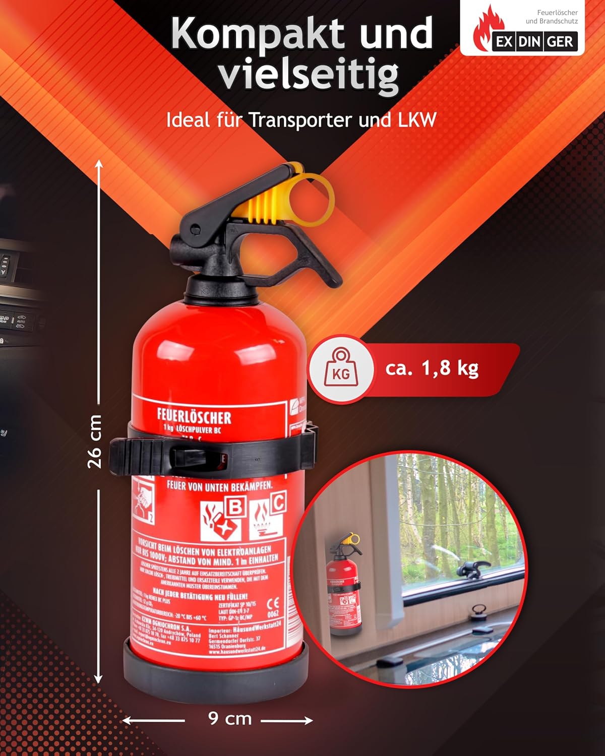 EXDINGER BC Pulver Auto Feuerlöscher 1 kg (Ladelöscher GP-1Z BC Halter Sicherheitskeil) – Bild 5