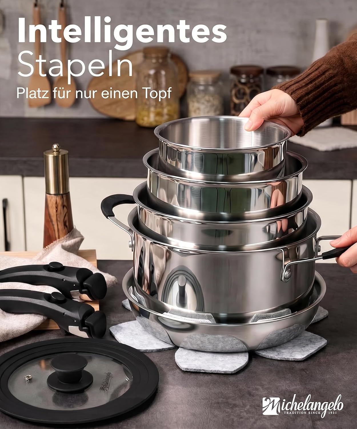 Michelangelo 14-teiliges Induktionstopf-Set, Edelstahl, abnehmbare Griffe | Stapelbares Kochgeschirrset, durchgehend 3-lagig, platzsparend für Camping und Wohnmobil, Topf- und Pfannenset – Bild 3