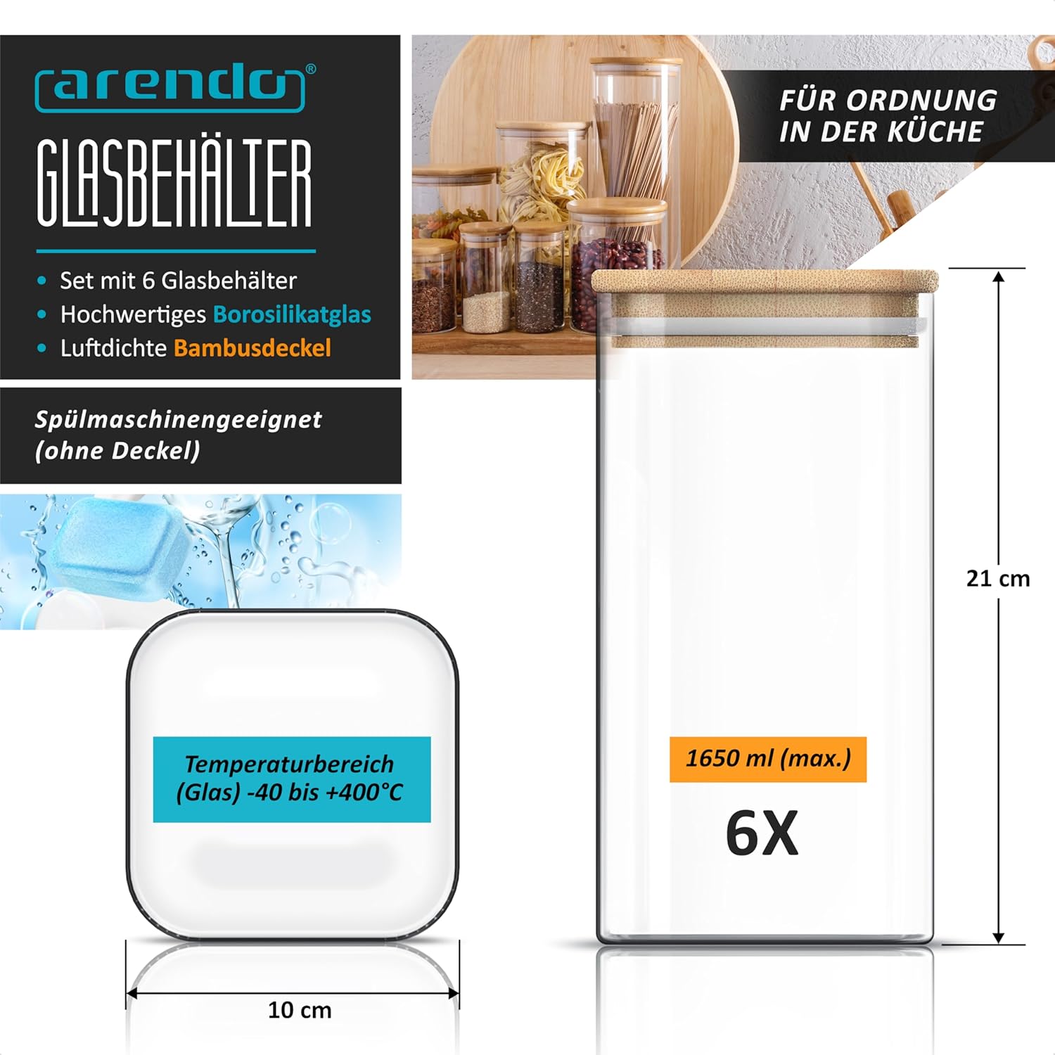 Arendo – Vorratsdosen mit Deckel – 6er-Set – Glasbehälter – hitzebeständig – Vorratsdosen mit Bambusdeckel – luftdicht – für Getreide, Zucker, Mehl, Kaffee, Reis – Bild 2