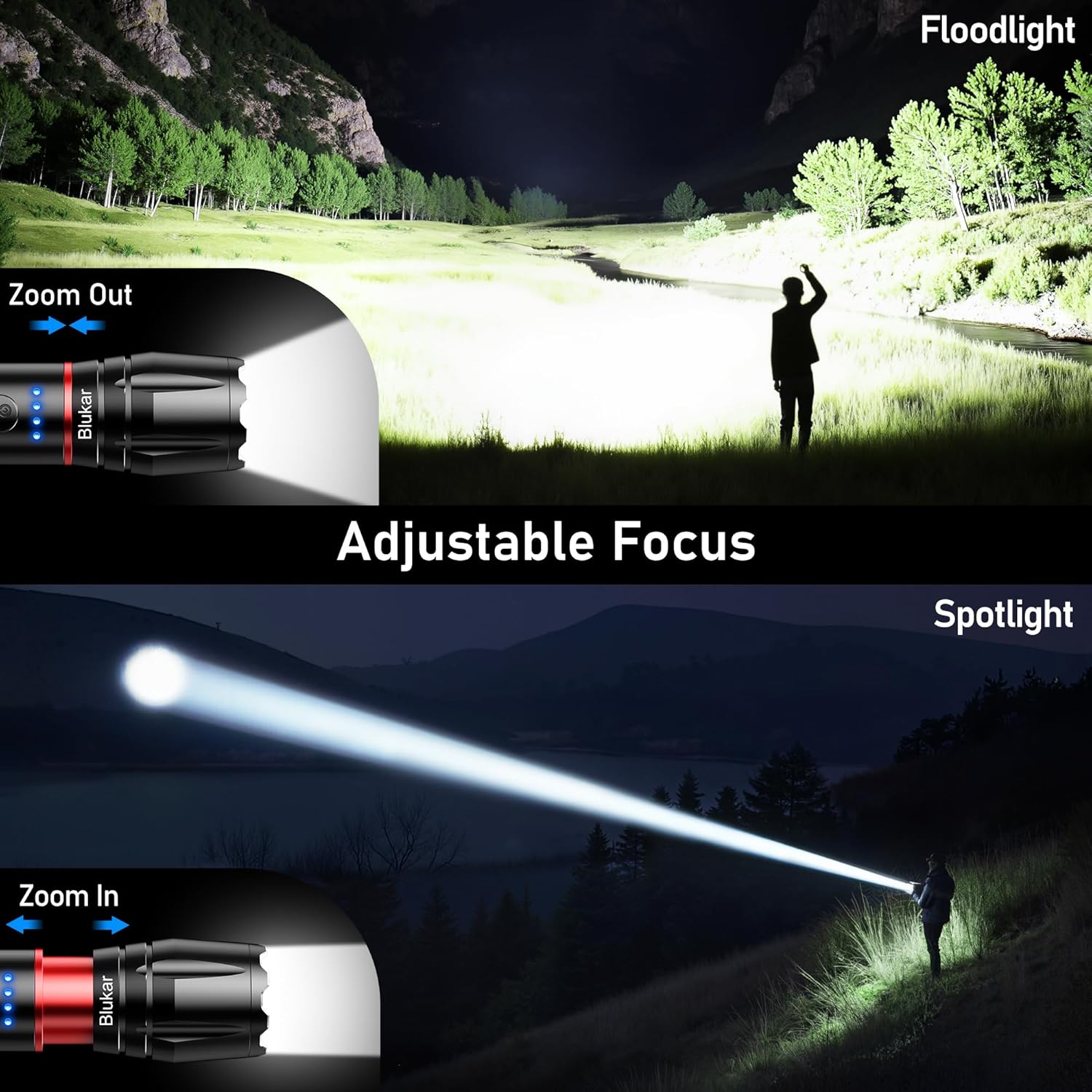 Blukar LED-Taschenlampe, 2 Lichtfarben, 2000 l, superhelle, zoombare Taschenlampen | Wiederaufladbar, 10 Leuchtmodi, lange Akkulaufzeit, wasserdichte Taschenlampe für Camping, Outdoor, Notfall usw. – Bild 4