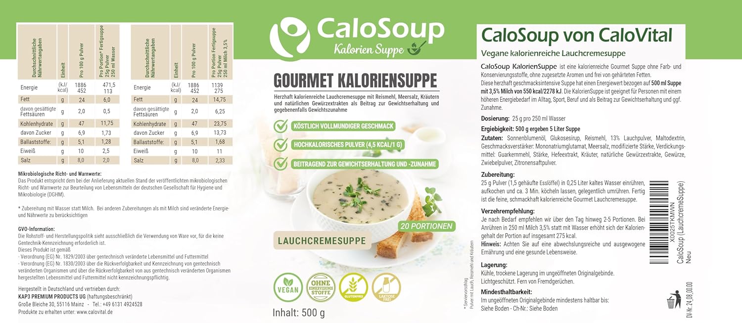 Hochkalorische Suppe zur Steigerung von 20 Portionen | Lebensmittel mit hohem Kaloriengehalt als Fertigsuppe | Fertiggerichte mit Gemüse | Flüssignahrung CaloSoup Kalorien Lauchsuppe (Lauchcreme) 500 g – Bild 8
