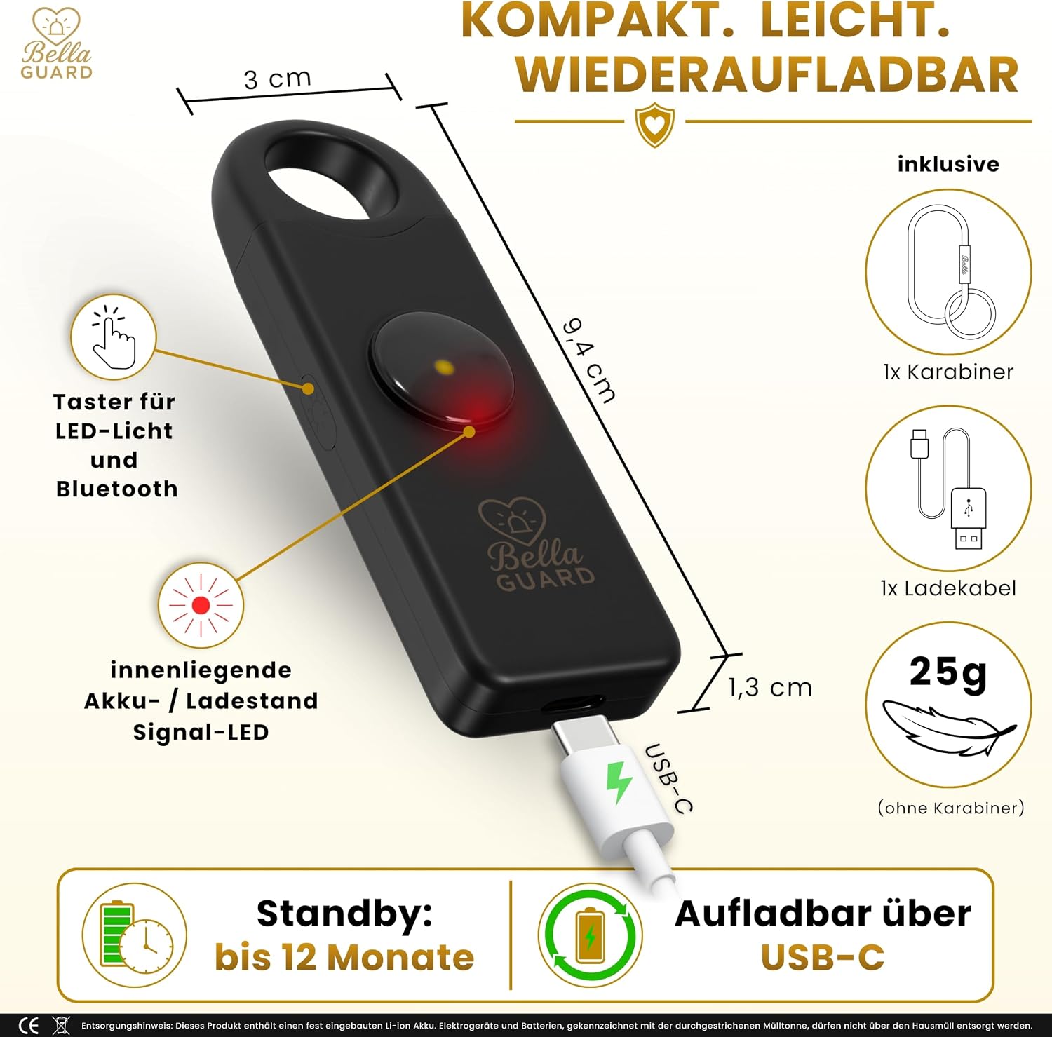 Bella Guard Taschenalarm – SOS-Notruffunktion über Bluetooth, Sirene 130 dB lautes LED-Blitzlicht, wiederaufladbarer Akku, Alarm für Frauen unterwegs zum Selbstschutz (schwarz) – Bild 8