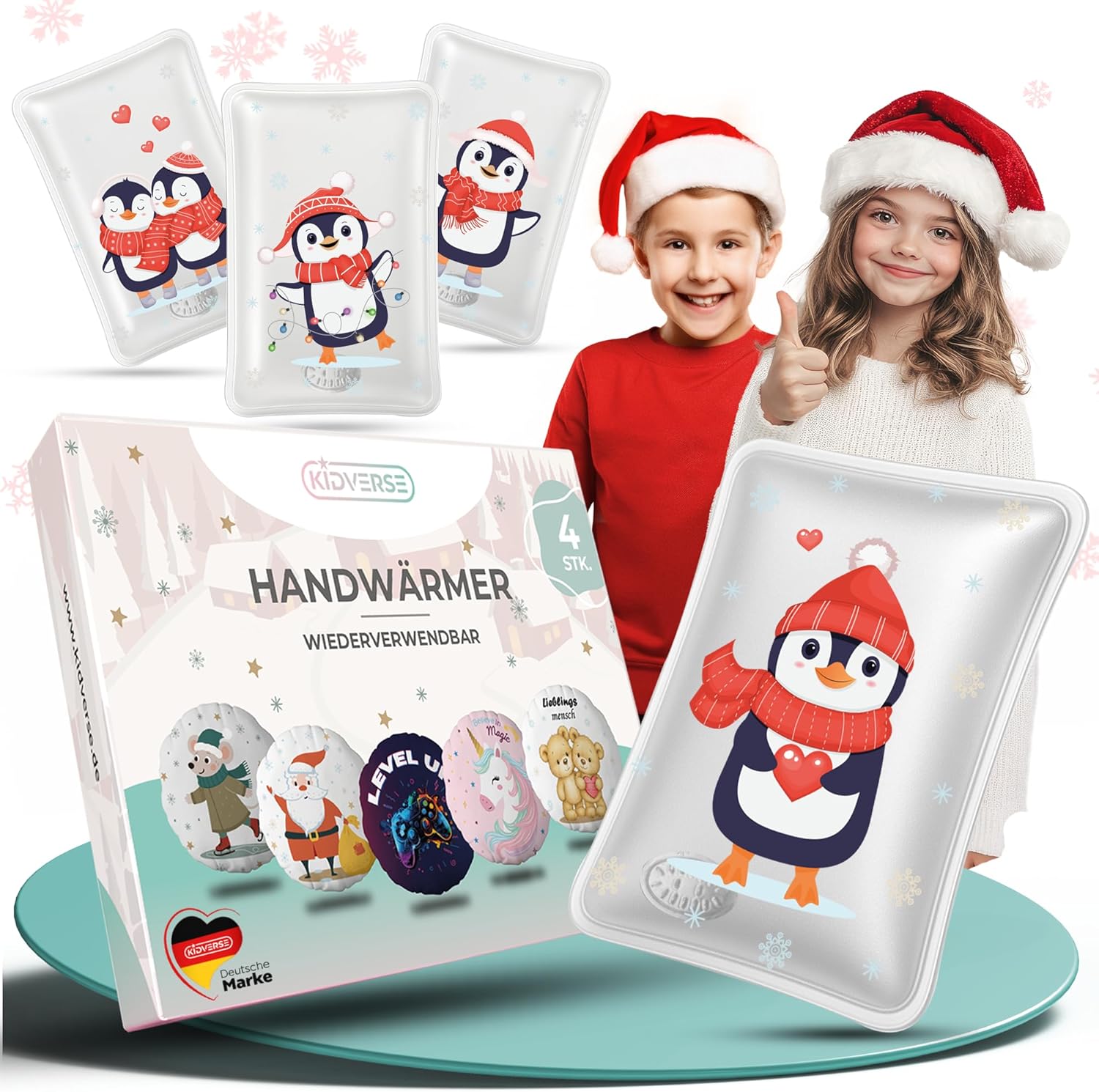 KIDVERSE Kinder Handwärmer 4er Set - Wiederverwendbare Taschenwärmer - Wohltuende Handwärmer zum Bücken - Wärmekissen Hände mit süßen Motiven - Taschenwärmer Kinder