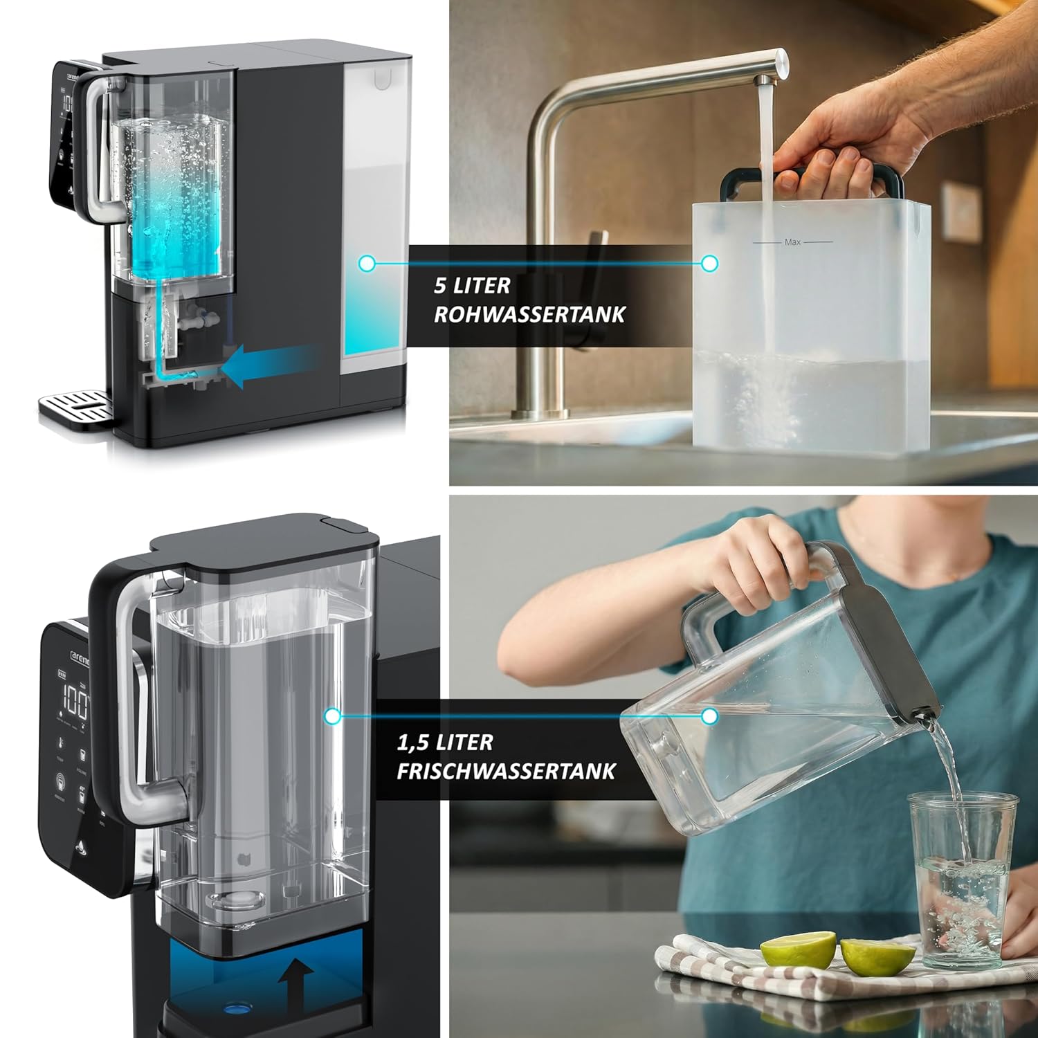 Arendo – Premium-Osmose-System – 99,99 % reines Trinkwasser – 7-stufiges Filtersystem (5+2) – Umkehrosmose/Wasserfilter – keine Installation – Aufsatzgerät – Heißwasserspender 40 °C – 100 °C – TDS – Bild 6