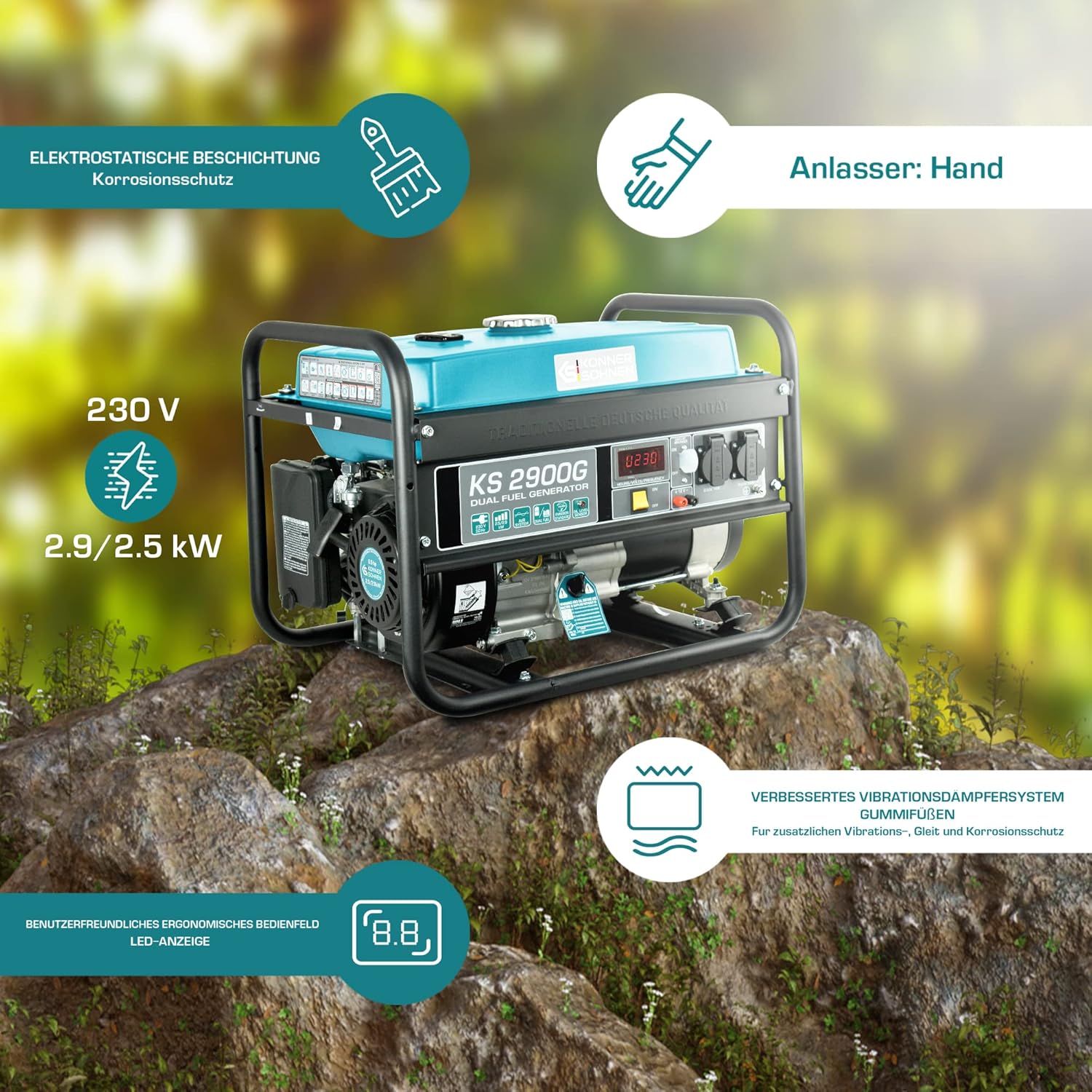 LPG/Benzin-Stromerzeuger KS 2900G Dual Fuel Serie, Notstromgenerator Gas 2900 W, 2x16A (230 V), 12 V, Stromgenerator mit (AVR), Stromgenerator mit Ölstandsanzeige, Überlast- und Kurzschlussschutz. – Bild 5