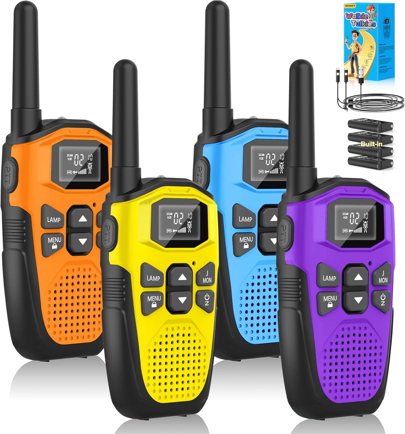 Walkie Talkie 4er Set, NXGKET Walkie Talkies Wiederaufladbar für Erwachsene Kinder Radios, Walki Talki mit großer Reichweite 5 km mit Li-Ionen-Akku, Walkie Talkies VOX Taschenlampe für Outdoor, Camping, Wandern