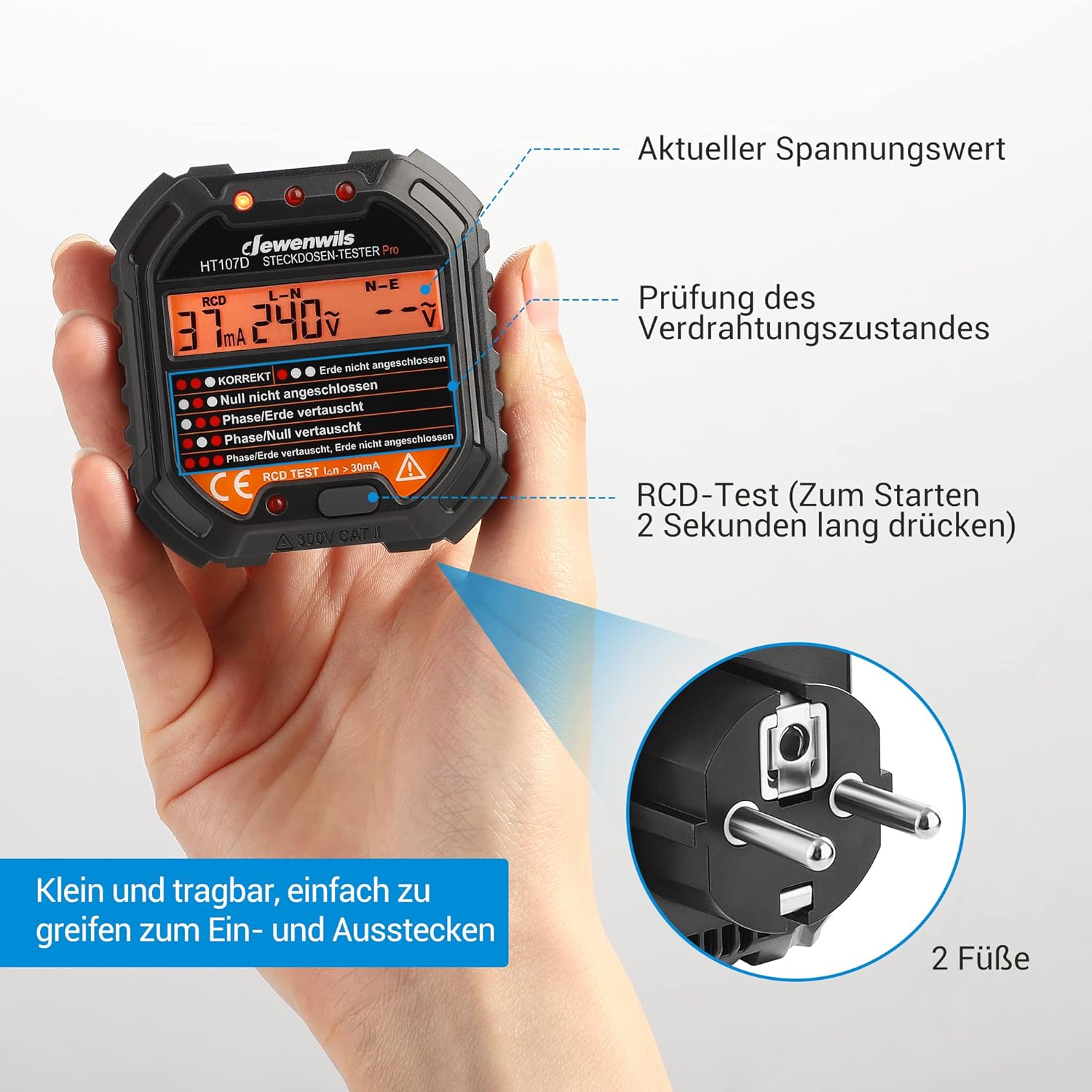 DEWENWILS Steckdosentester mit RCD-Test und LCD-Spannungsanzeige, 6 Arten von Fehlerdiagnose, Leckspannungs- und Stromanzeige, FI-Test, 48–250 V/45–65 Hz, CAT II 300 V – Bild 6