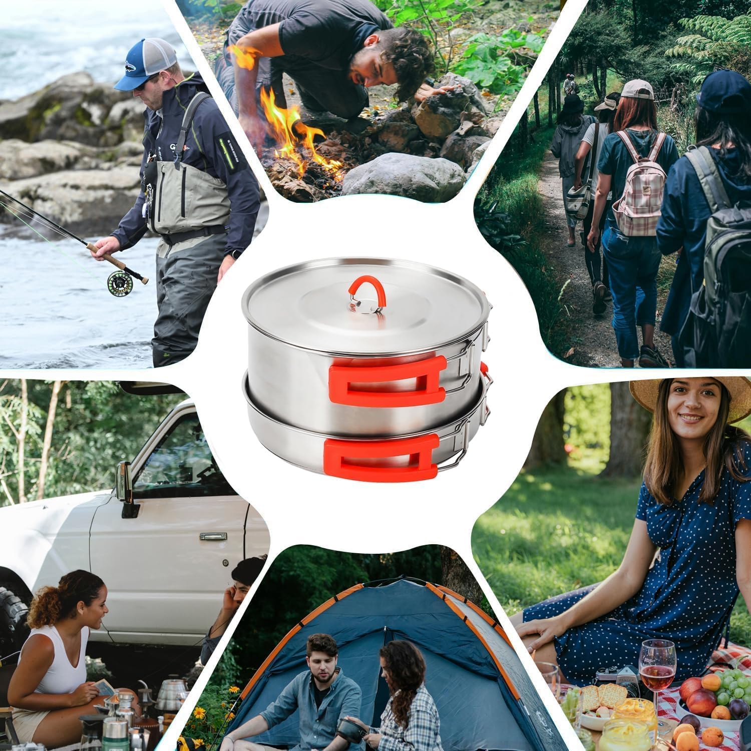 Camping-Kochset, Camping-Kochgeschirr-Set, Camping-Töpfe und Pfannen-Set aus Edelstahl 304, inklusive antihaftbeschichteter Bratpfanne, Wasserkocher in Netztasche zum Wandern, Outdoor-Kochrucksack für 1–2 Männer – Bild 8