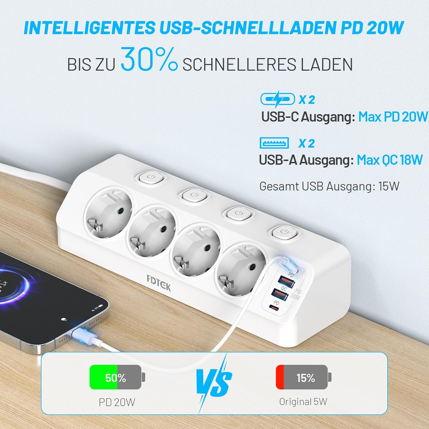 PD 20W Tischsteckdose mit USB C, 4-fach Ecksteckdosenleiste, Schreibtisch mit einzeln schaltbar, FDTEK Ecksteckdose 4000W 16A, Mehrfachsteckdose, Flachstecker, Überspannungsschutz, 2m für Küche, Büro – Bild 3